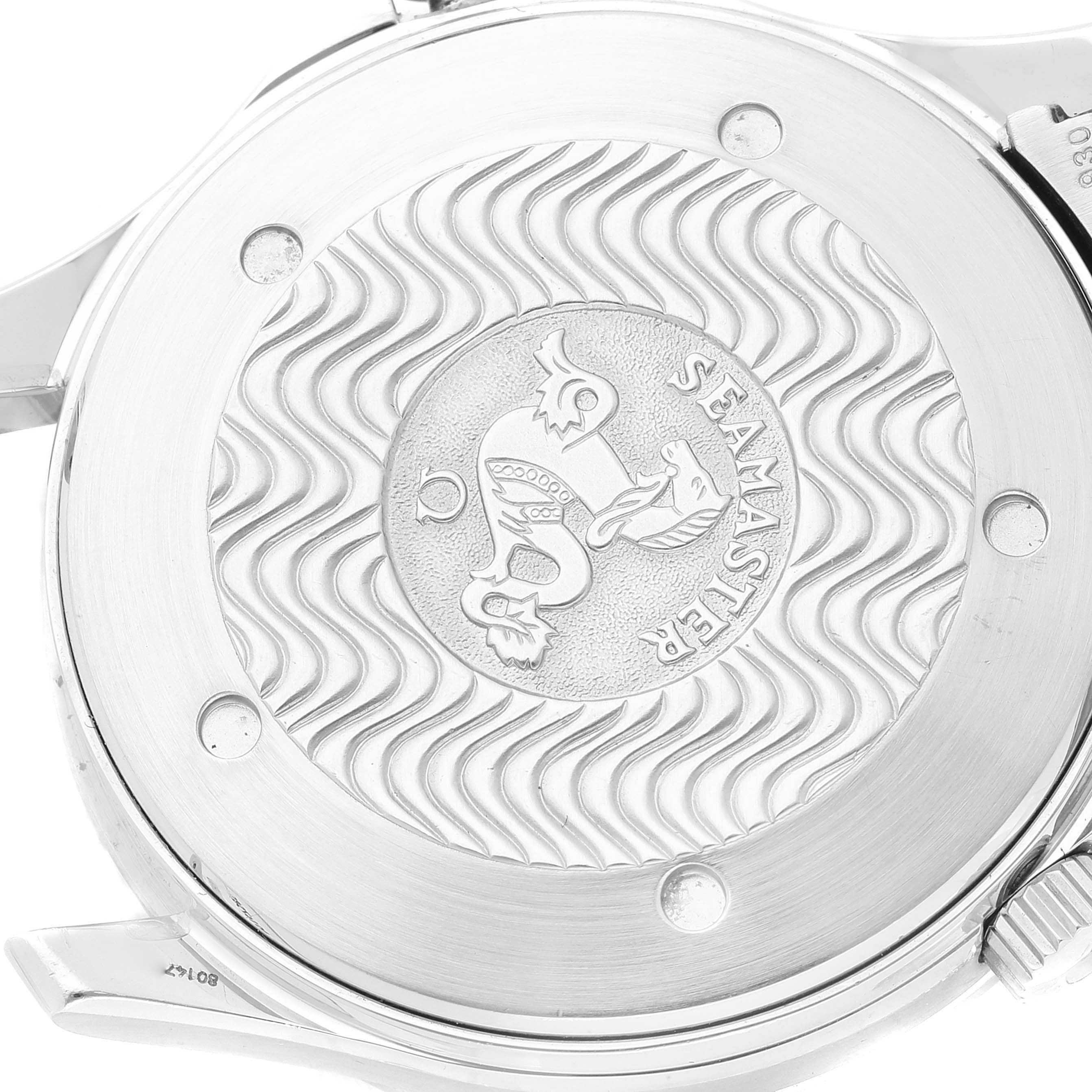 The image shows the case back of an Omega Seamaster 2254.50.00 Men's Stainless Steel Black Dial 2254.50.00 Men's Stainless Steel Black Dial watch, featuring the Seamaster logo and wave pattern design.