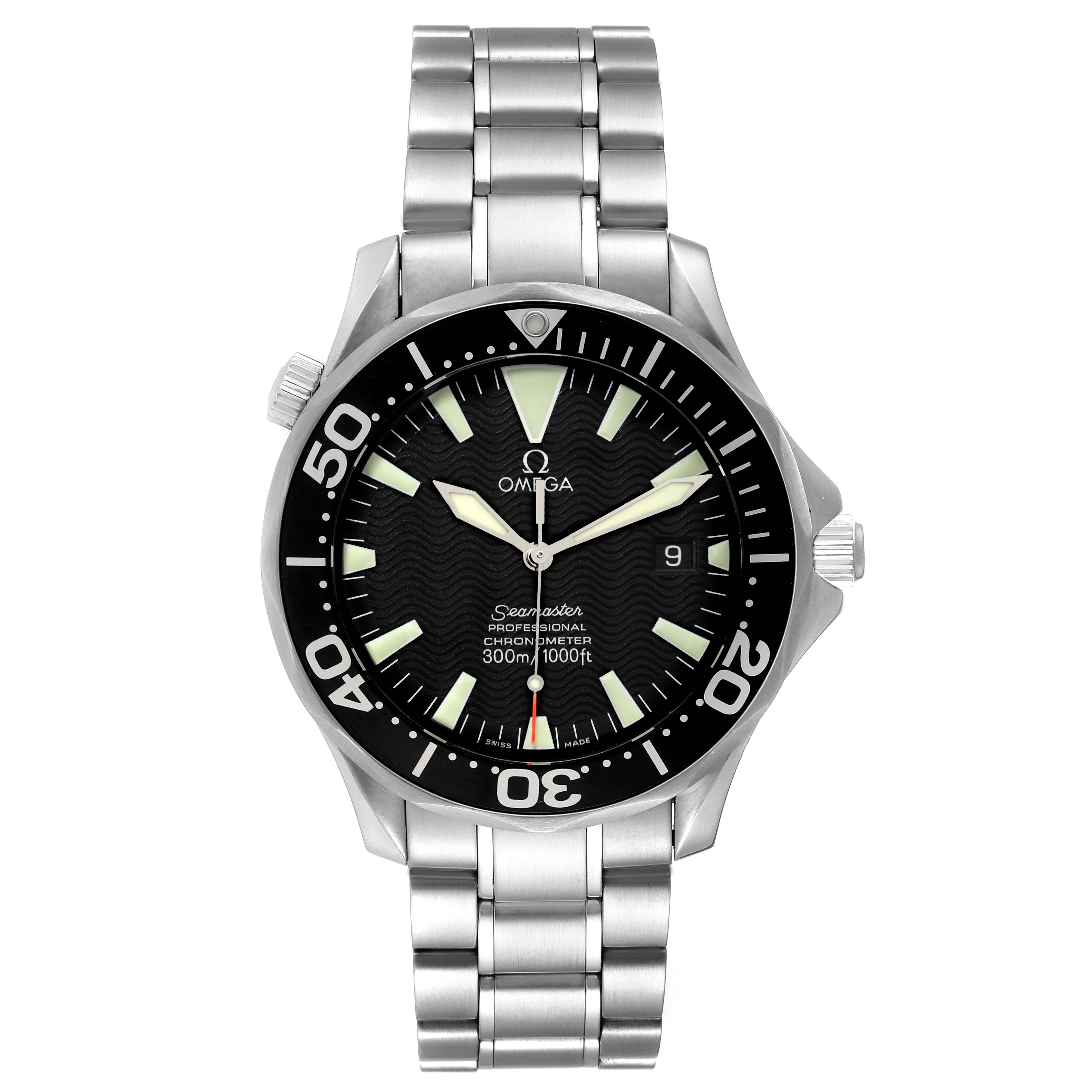 The image shows a front view of an Omega Seamaster 2254.50.00 Men's Stainless Steel Black Dial 2254.50.00 Men's Stainless Steel Black Dial watch, displaying its face, bezel, crown, and stainless steel bracelet.