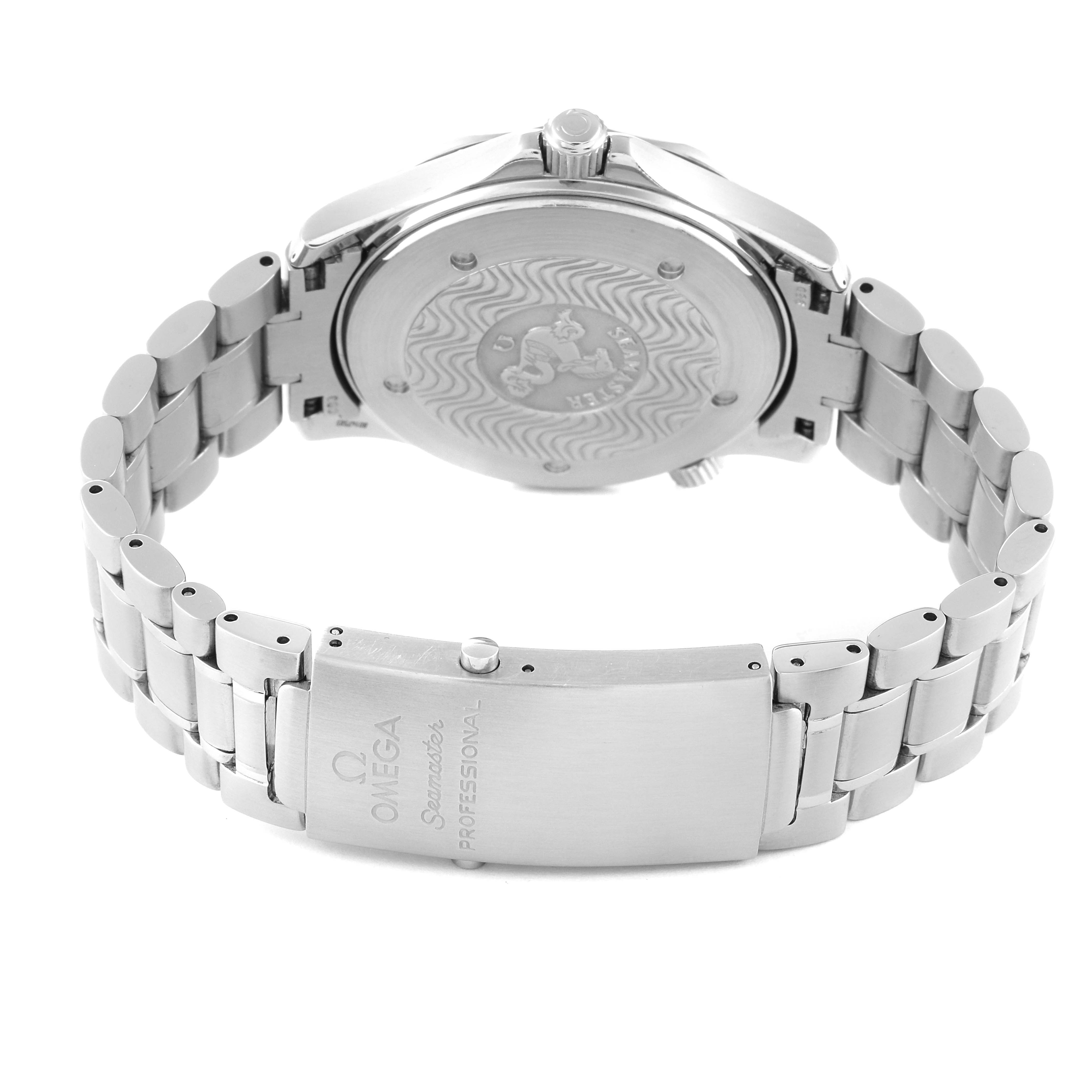 The Omega Seamaster 2254.50.00 Men's Stainless Steel Black Dial 2254.50.00 Men's Stainless Steel Black Dial watch is shown from the back, displaying the case back, bracelet, and clasp.