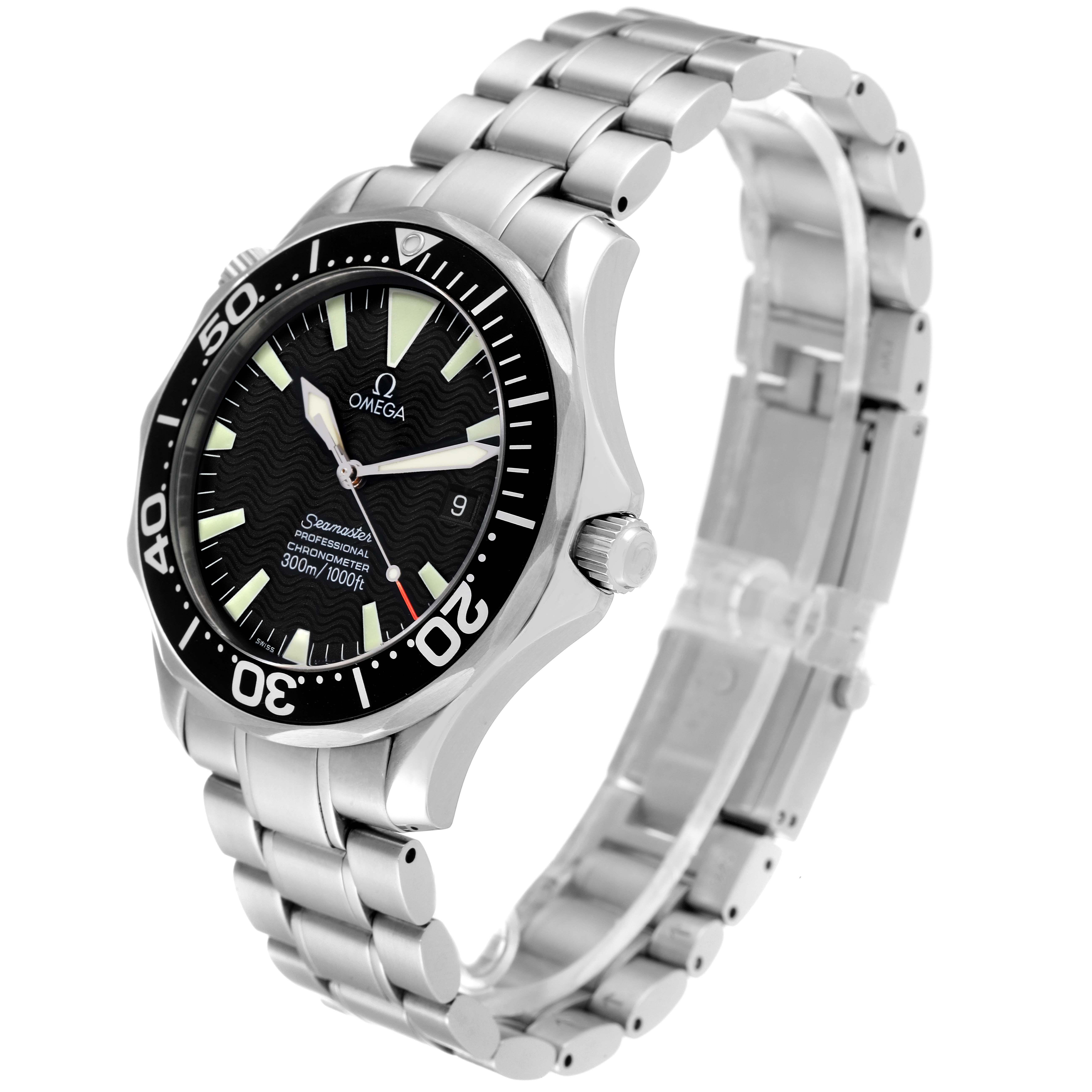 The Omega Seamaster 2254.50.00 Men's Stainless Steel Black Dial 2254.50.00 Men's Stainless Steel Black Dial watch is shown at a three-quarter angle, displaying its dial, bezel, bracelet, and crown.