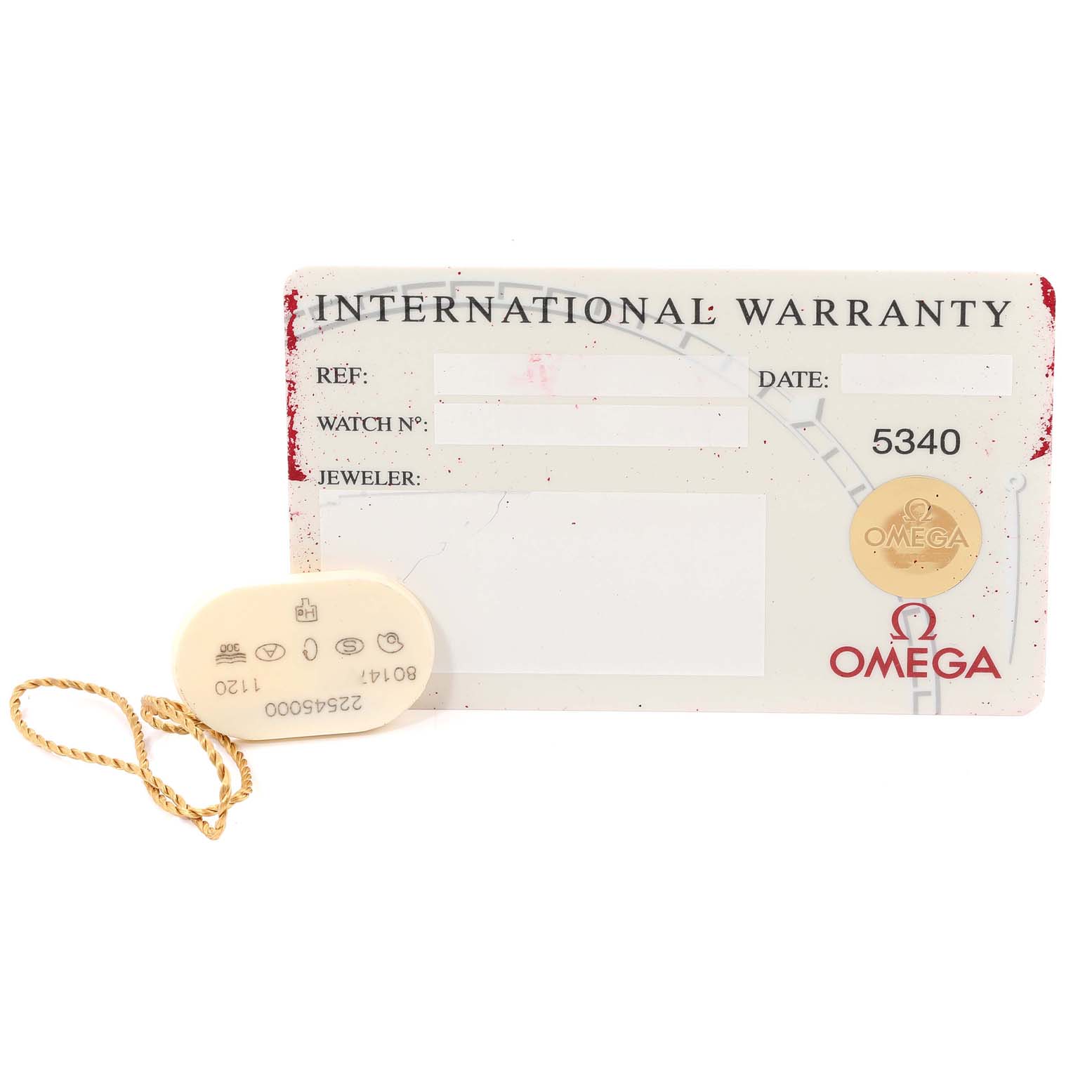 The image shows the warranty card and a tag for an Omega Seamaster 2254.50.00 Men's Stainless Steel Black Dial 2254.50.00 Men's Stainless Steel Black Dial watch.