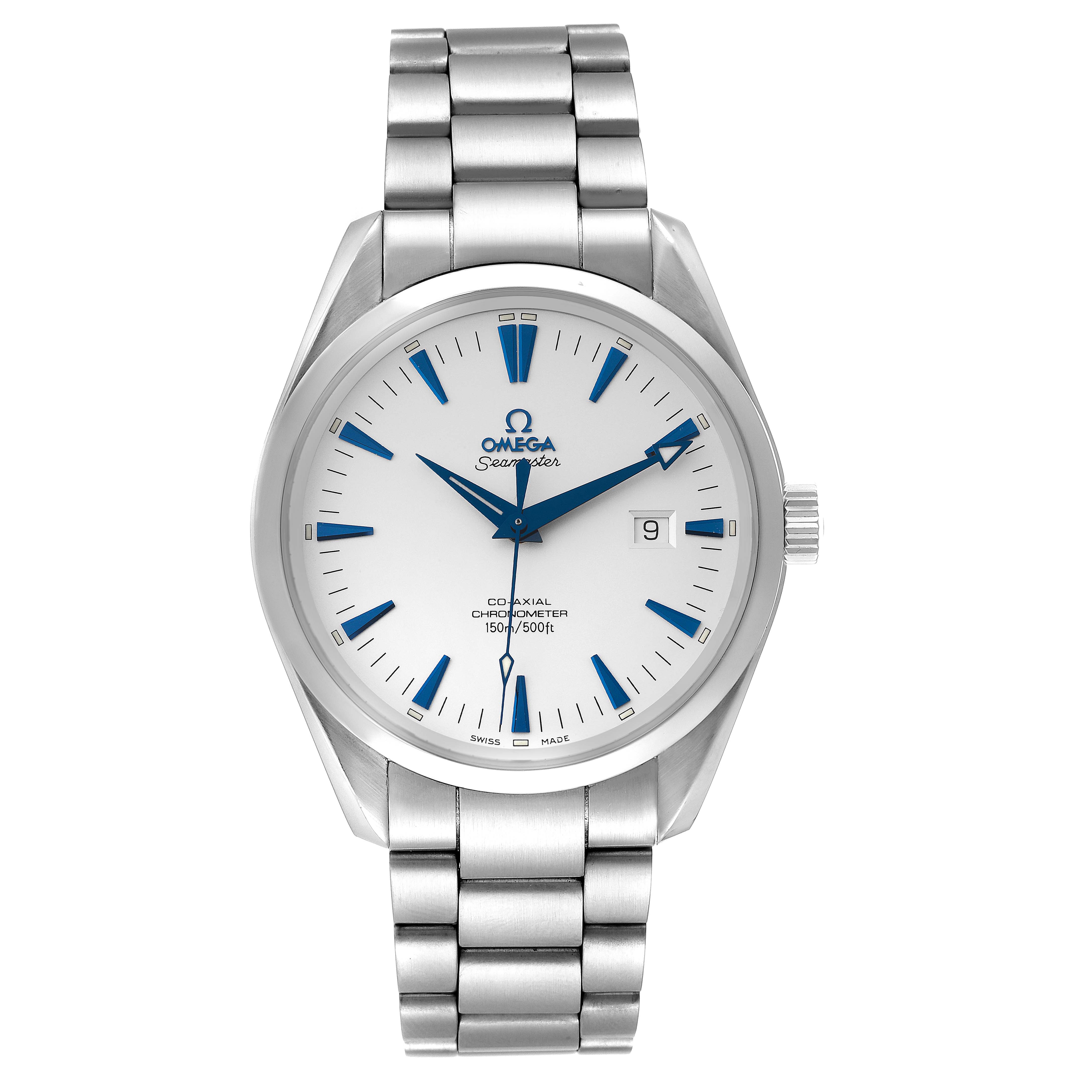 The image shows a front view of an Omega Aqua Terra 2502.33.00 Men
s Stainless Steel Silver Dial 2502.33.00 Men
s Stainless Steel Silver Dial watch, displaying the dial, hands, date window, and stainless steel bracelet.