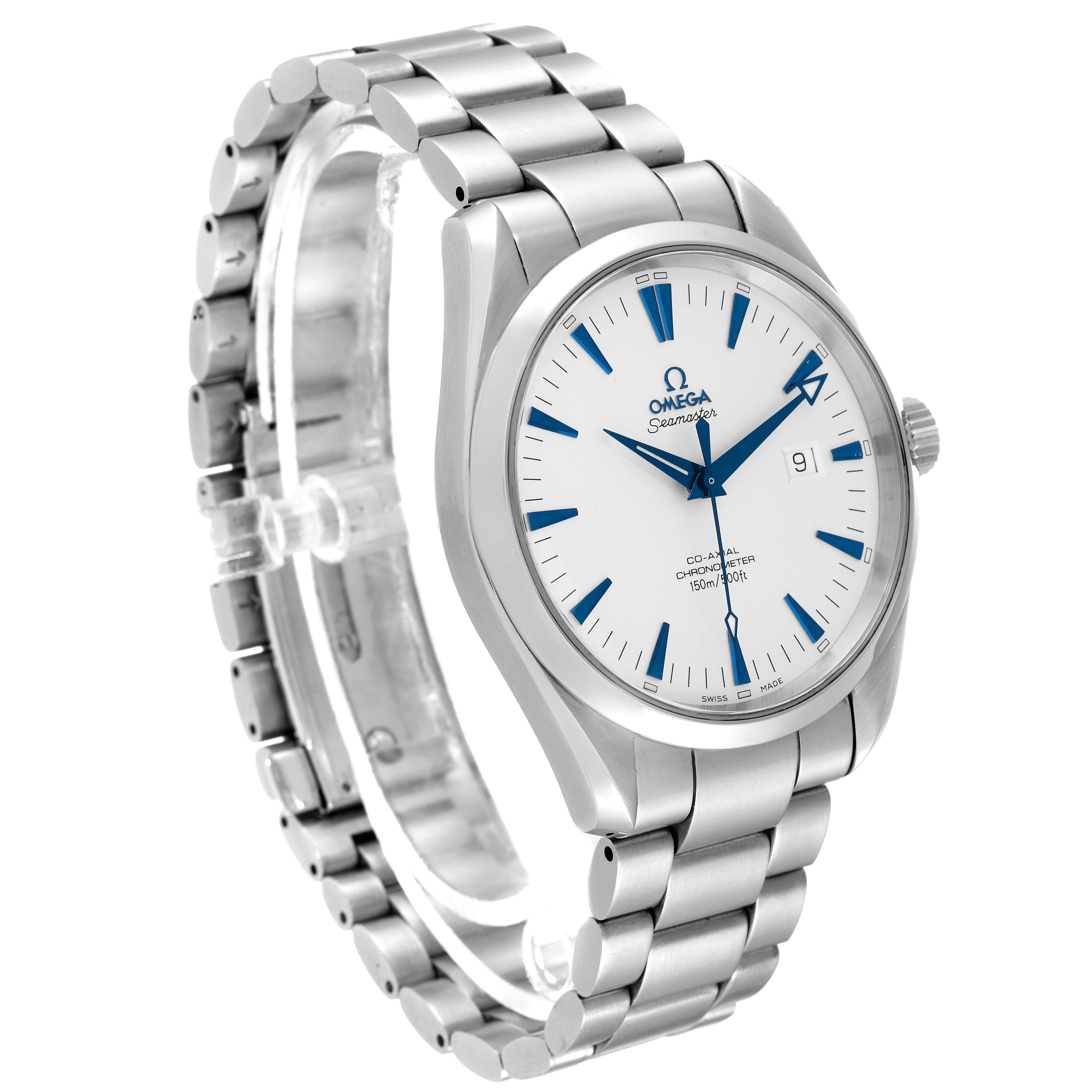 The image shows the Omega Seamaster Aqua Terra watch from a front-left angle, highlighting the dial, bezel, bracelet, and crown.