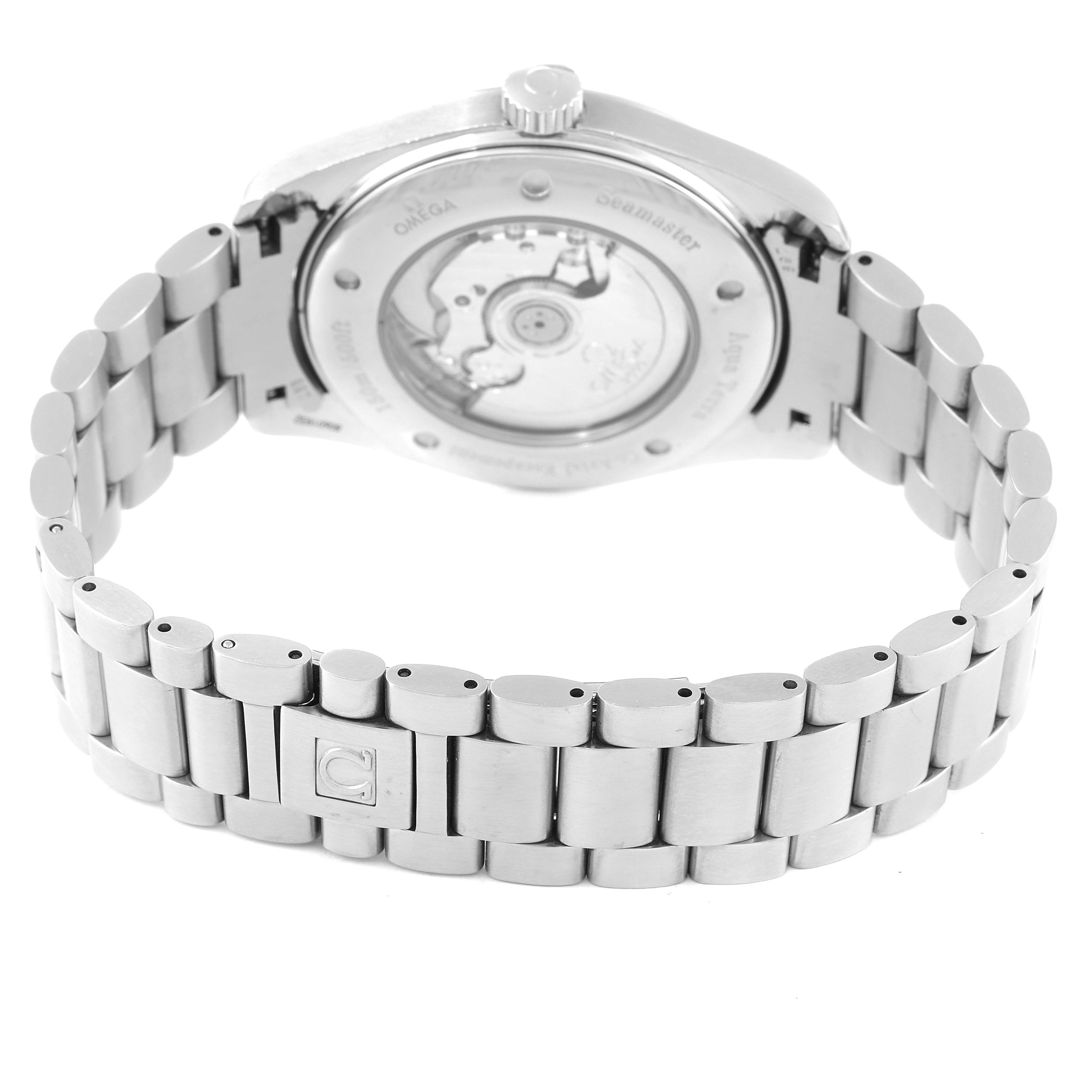 The image shows the back case and bracelet of the Omega Aqua Terra 2502.33.00 Men
s Stainless Steel Silver Dial 2502.33.00 Men
s Stainless Steel Silver Dial watch from a partial rear angle.