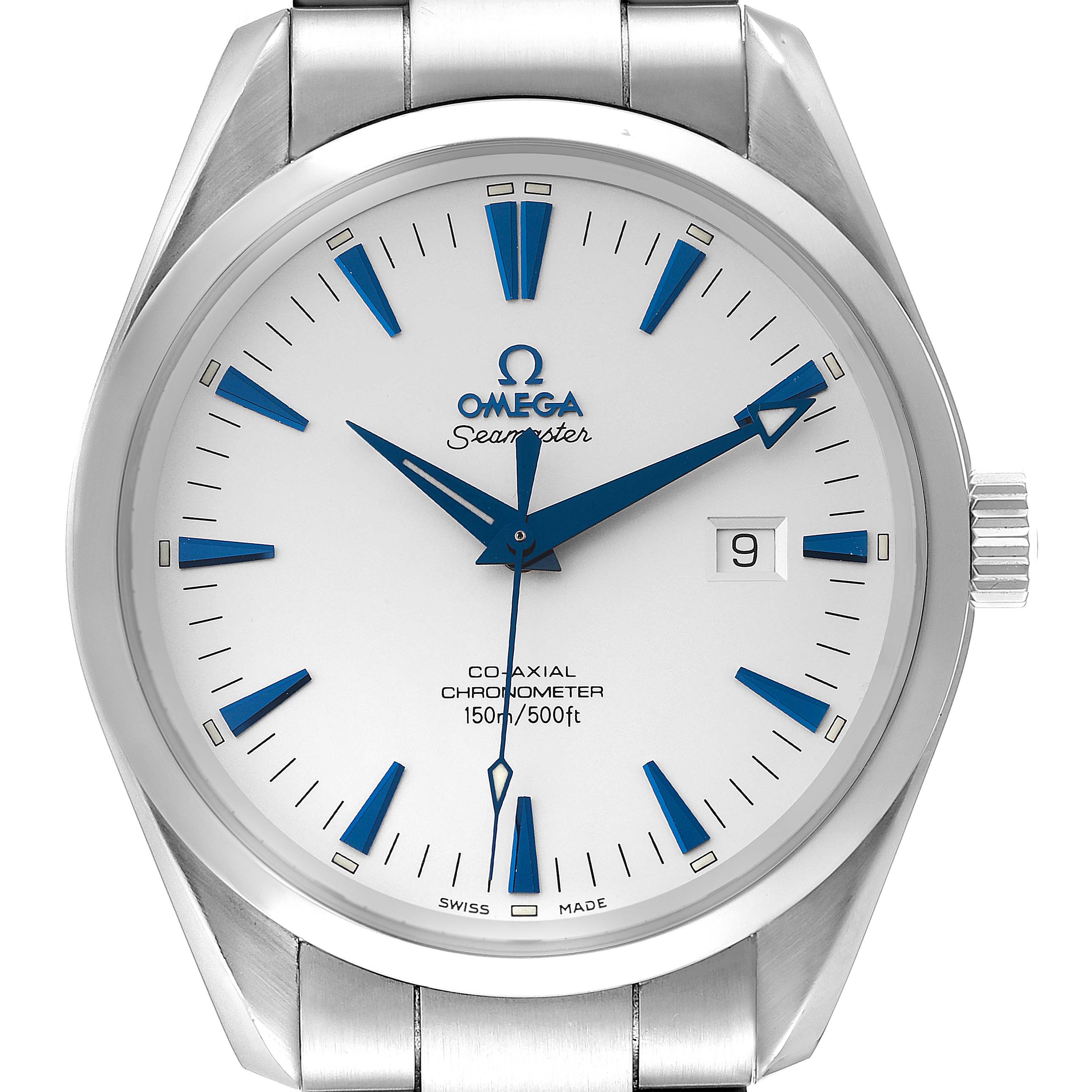The image shows a front view of the Omega Seamaster Aqua Terra watch featuring its dial, hands, and part of the bracelet.