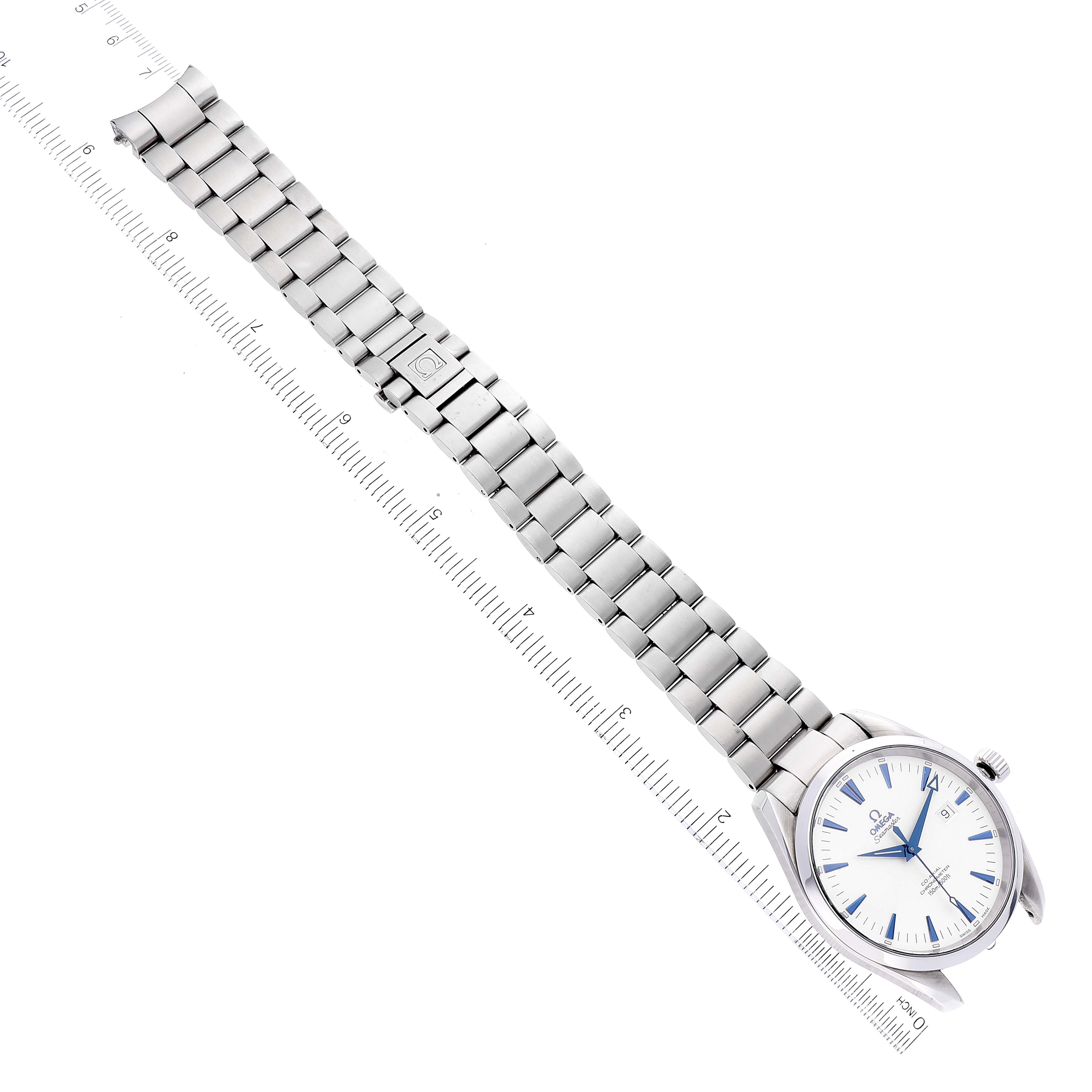The image shows an Omega Aqua Terra 2502.33.00 Men
s Stainless Steel Silver Dial 2502.33.00 Men
s Stainless Steel Silver Dial watch at a slight angle, displaying the full watch face, metal bracelet, and clasp, measured with a ruler.