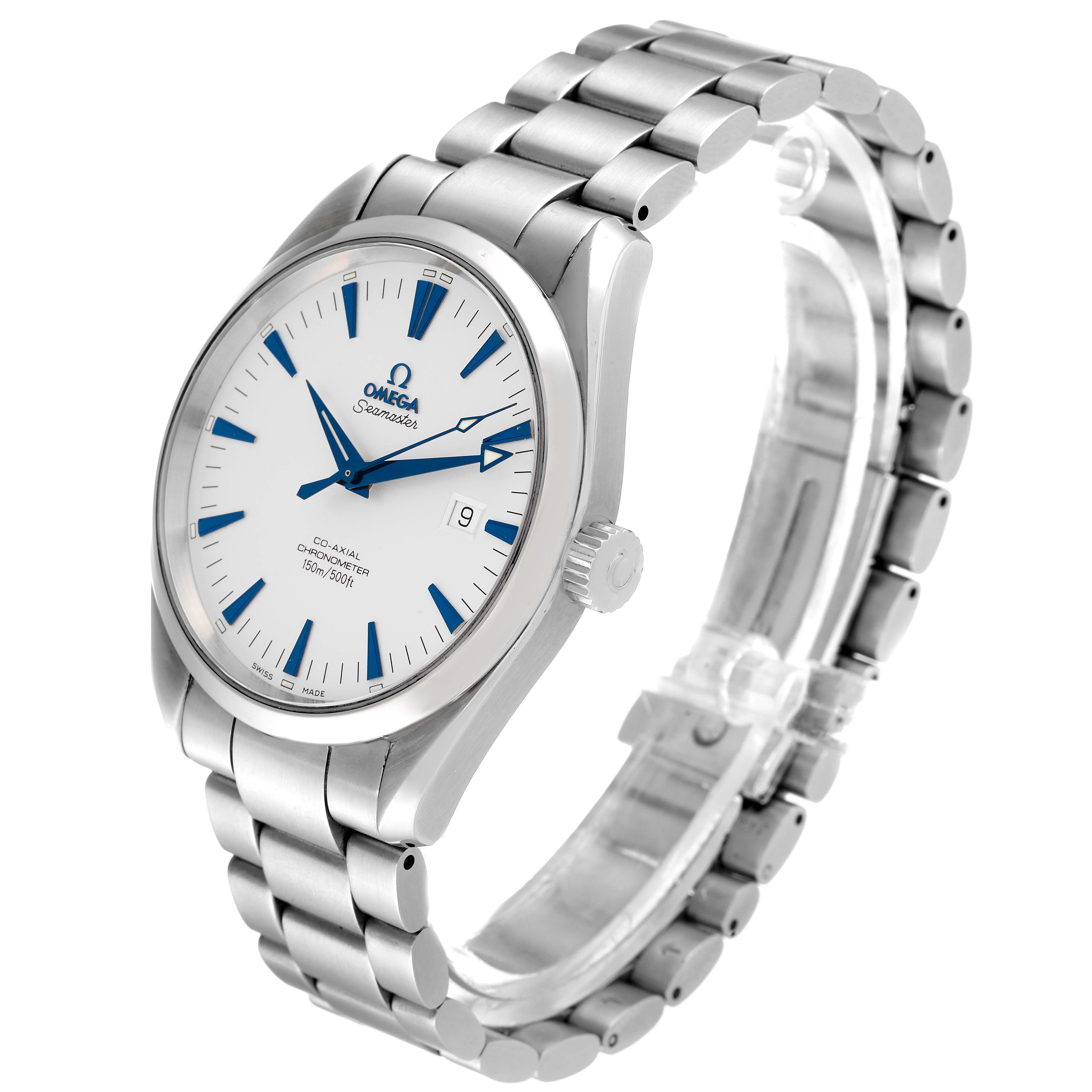 The Omega Aqua Terra 2502.33.00 Men
s Stainless Steel Silver Dial 2502.33.00 Men
s Stainless Steel Silver Dial watch is shown at a three-quarter angle, displaying the face, crown, and bracelet.