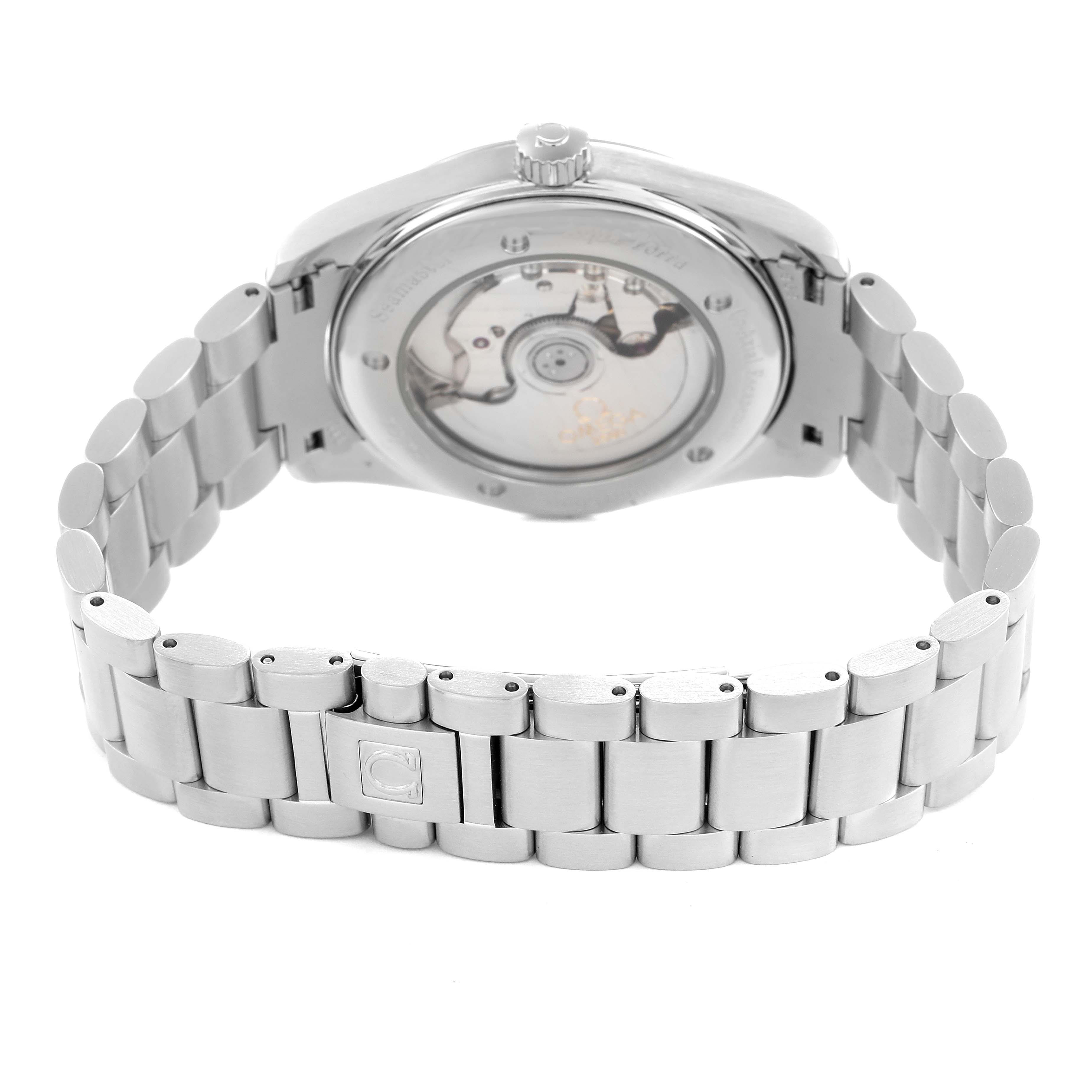 The image shows the back view of an Omega Aqua Terra 2503.33.00 Men
s Stainless Steel White Dial watch, highlighting the case back and metal bracelet.