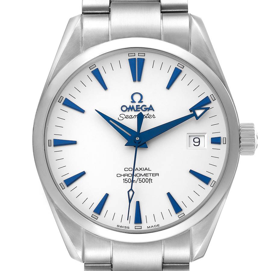 This Omega Aqua Terra 2503.33.00 watch is shown from a front angle, displaying its white dial, blue markers, hands, and stainless steel bracelet.