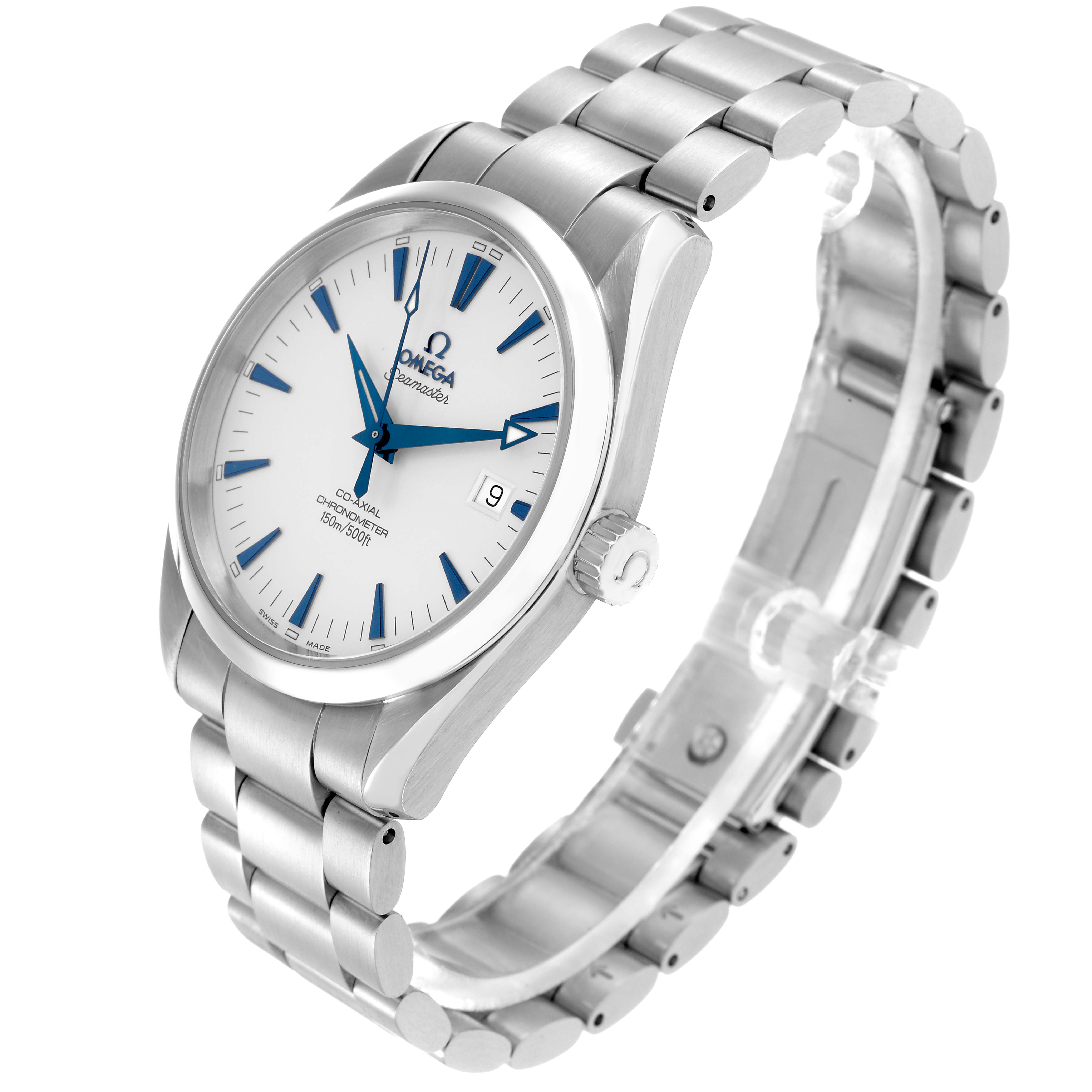 The Omega Aqua Terra 2503.33.00 Men
s Stainless Steel White Dial watch is shown at a three-quarter angle, highlighting the face, bezel, and stainless steel bracelet.
