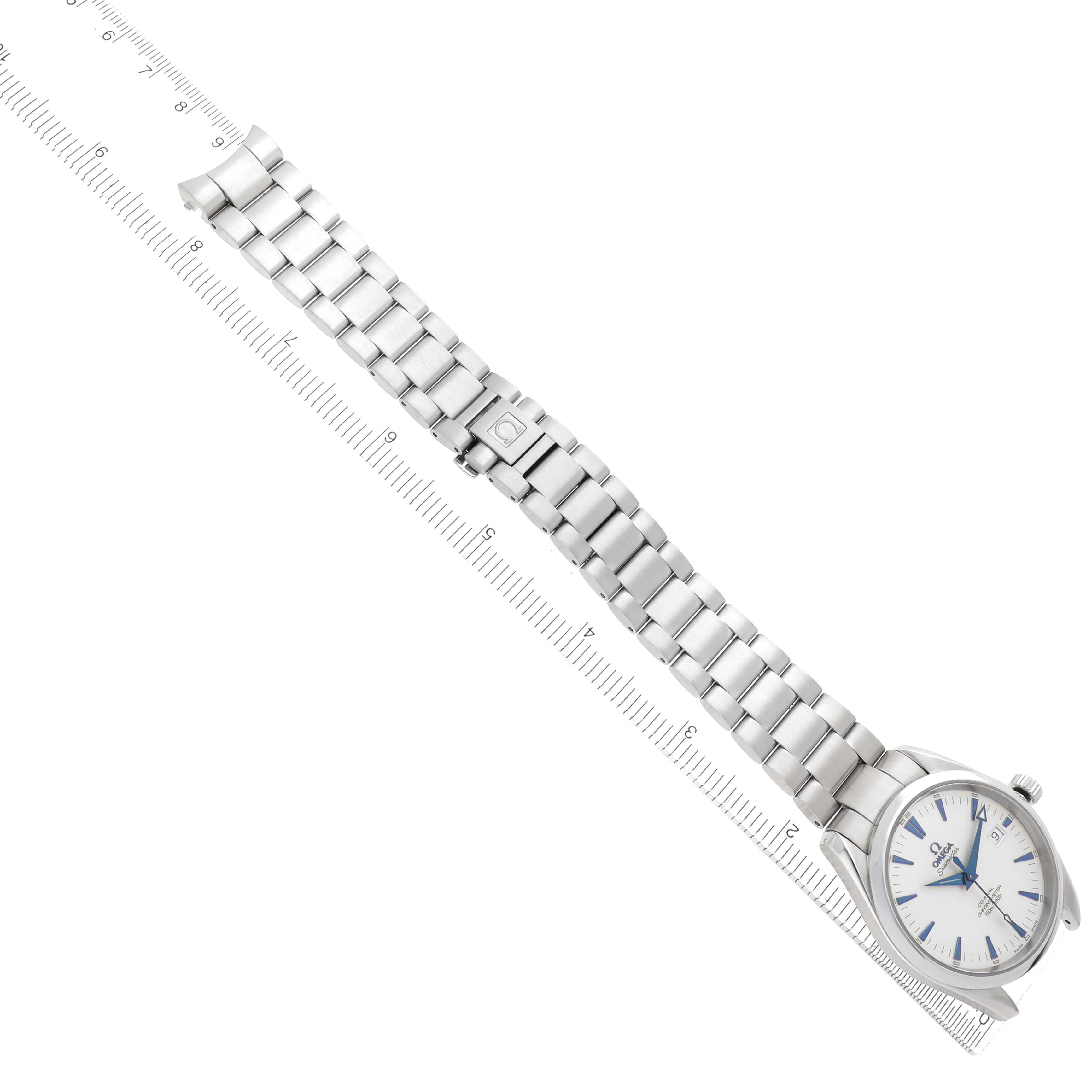 The Omega Aqua Terra 2503.33.00 Men
s Stainless Steel White Dial watch is shown from an overhead angle, displaying the full bracelet and face.