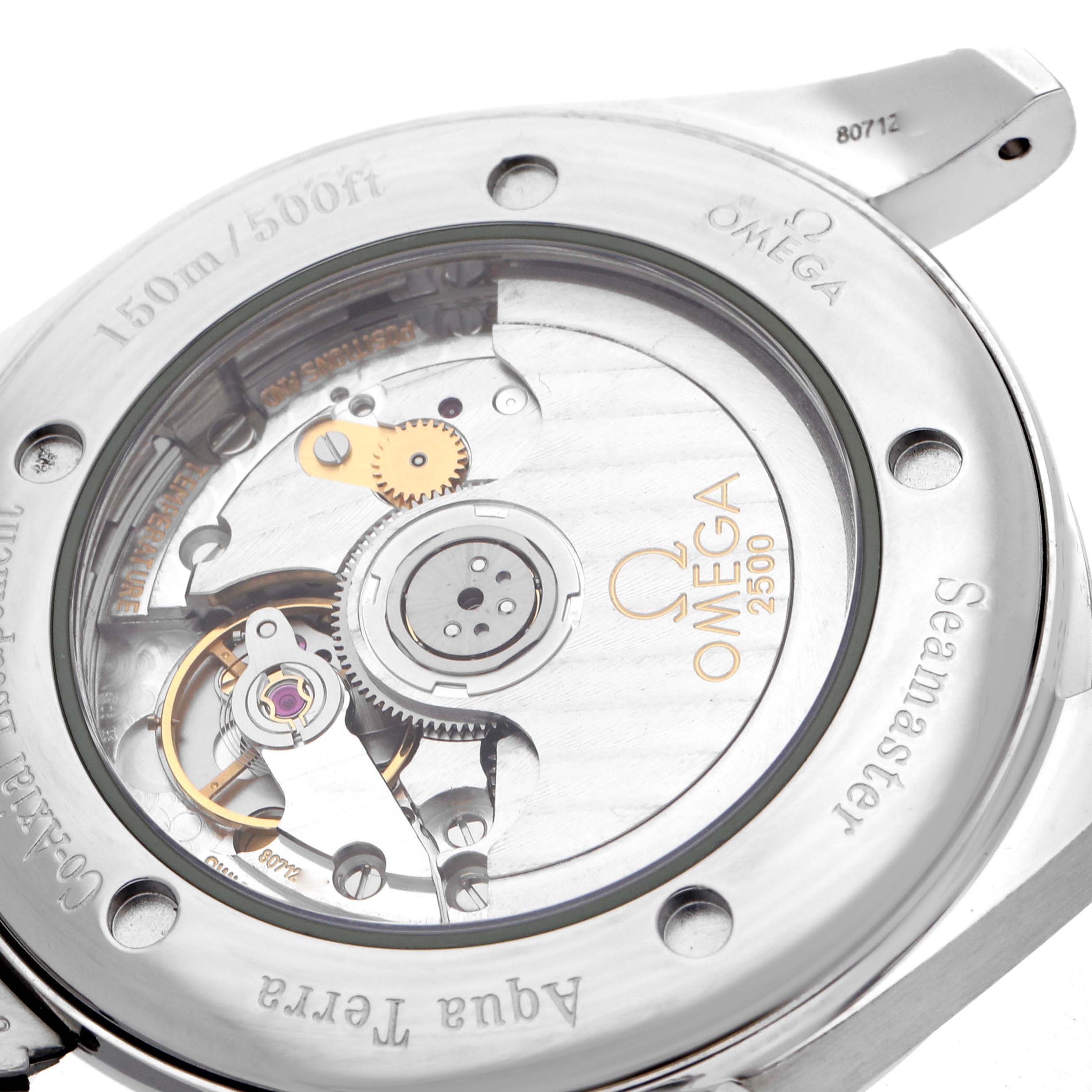 The image shows the back view of the Omega Aqua Terra 2503.33.00 Men
s Stainless Steel White Dial watch, highlighting its transparent case back and movement details.