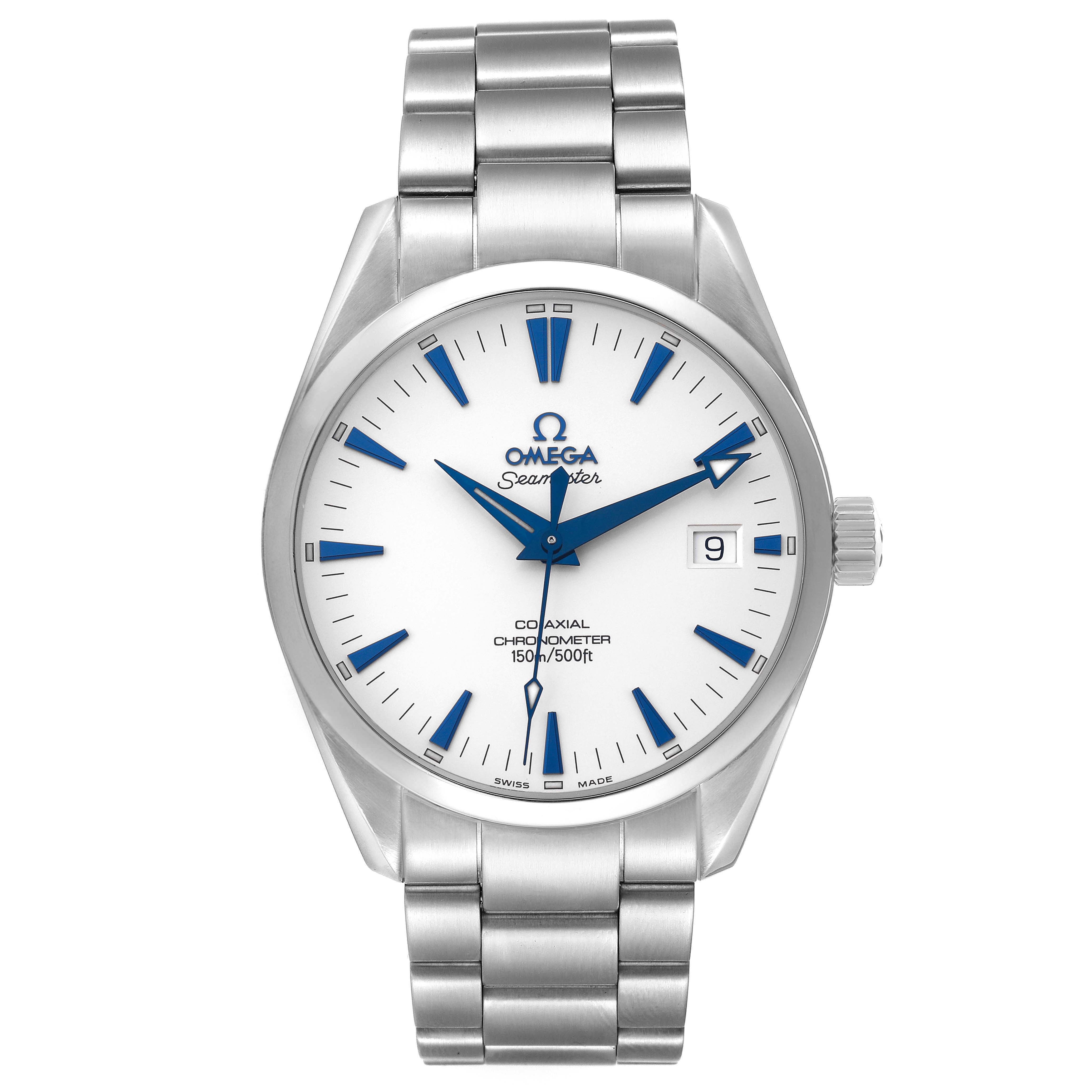 The Omega Aqua Terra 2503.33.00 Men
s Stainless Steel White Dial watch is shown from the front, displaying the full face, hands, markers, and the stainless steel bracelet.