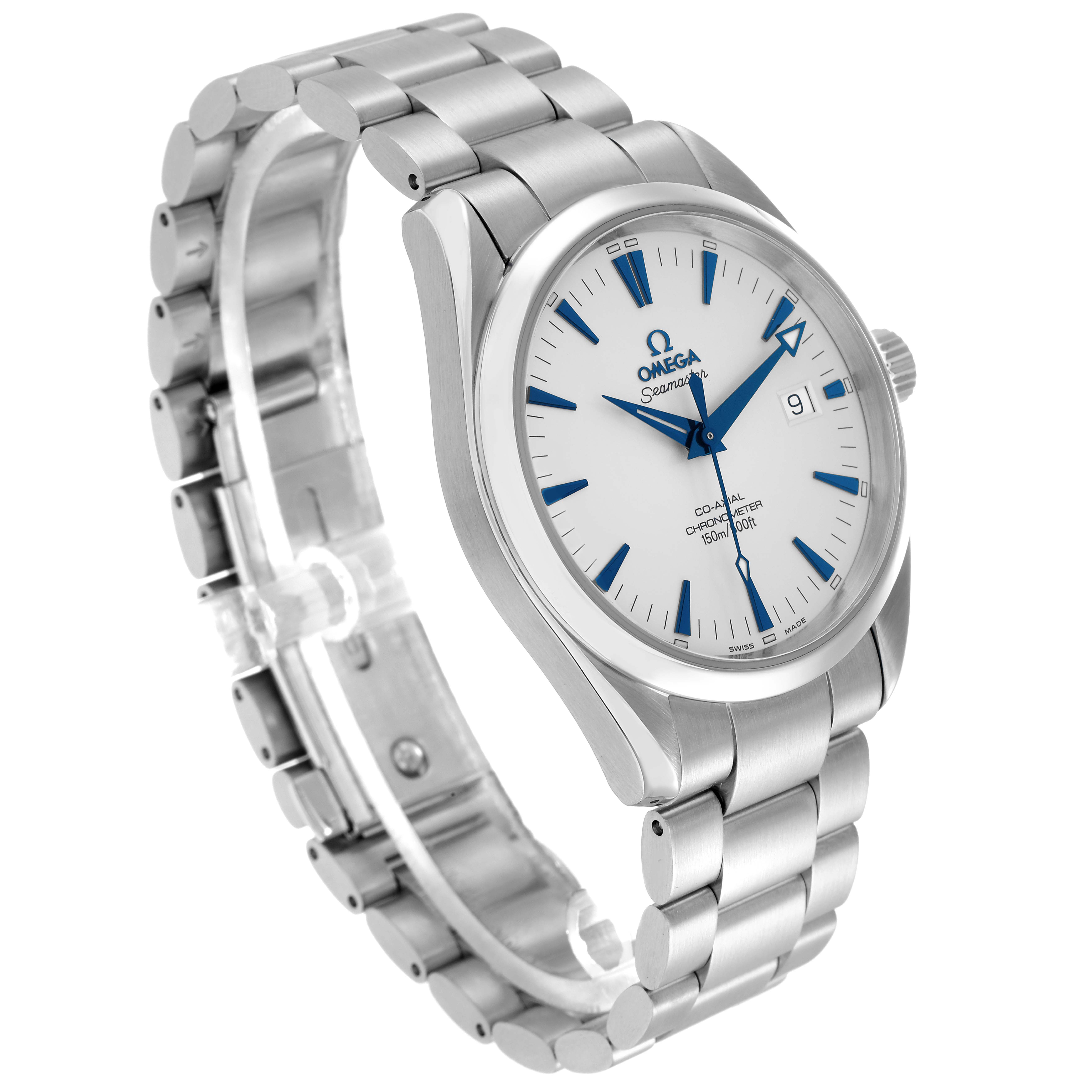 The Omega Aqua Terra 2503.33.00 Men
s Stainless Steel White Dial watch is shown at a three-quarter angle, displaying the dial, bezel, bracelet, and crown.