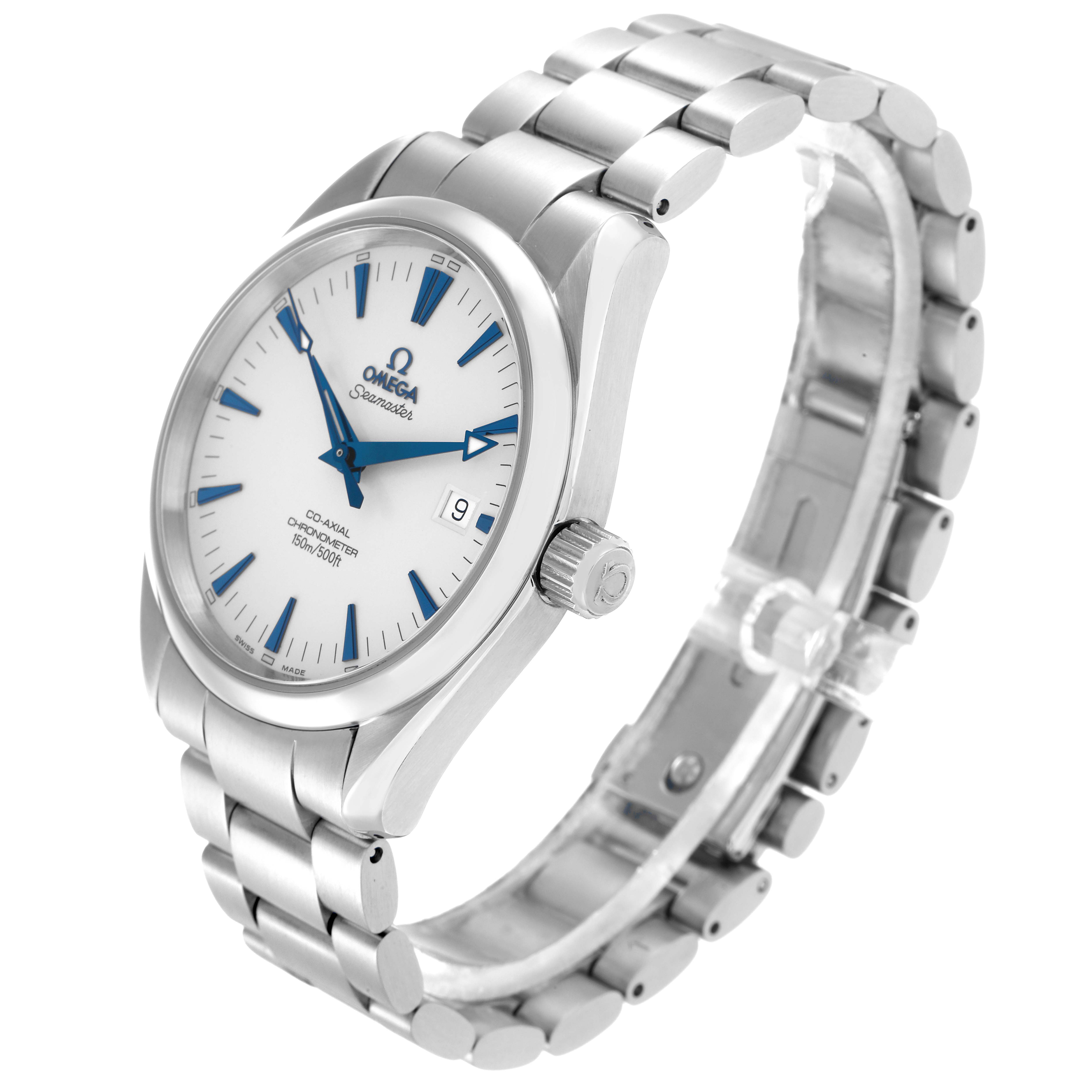 The Omega Aqua Terra 2503.33.00 Men
s Stainless Steel White Dial watch is shown at an angled view highlighting the face, bezel, crown, and bracelet.