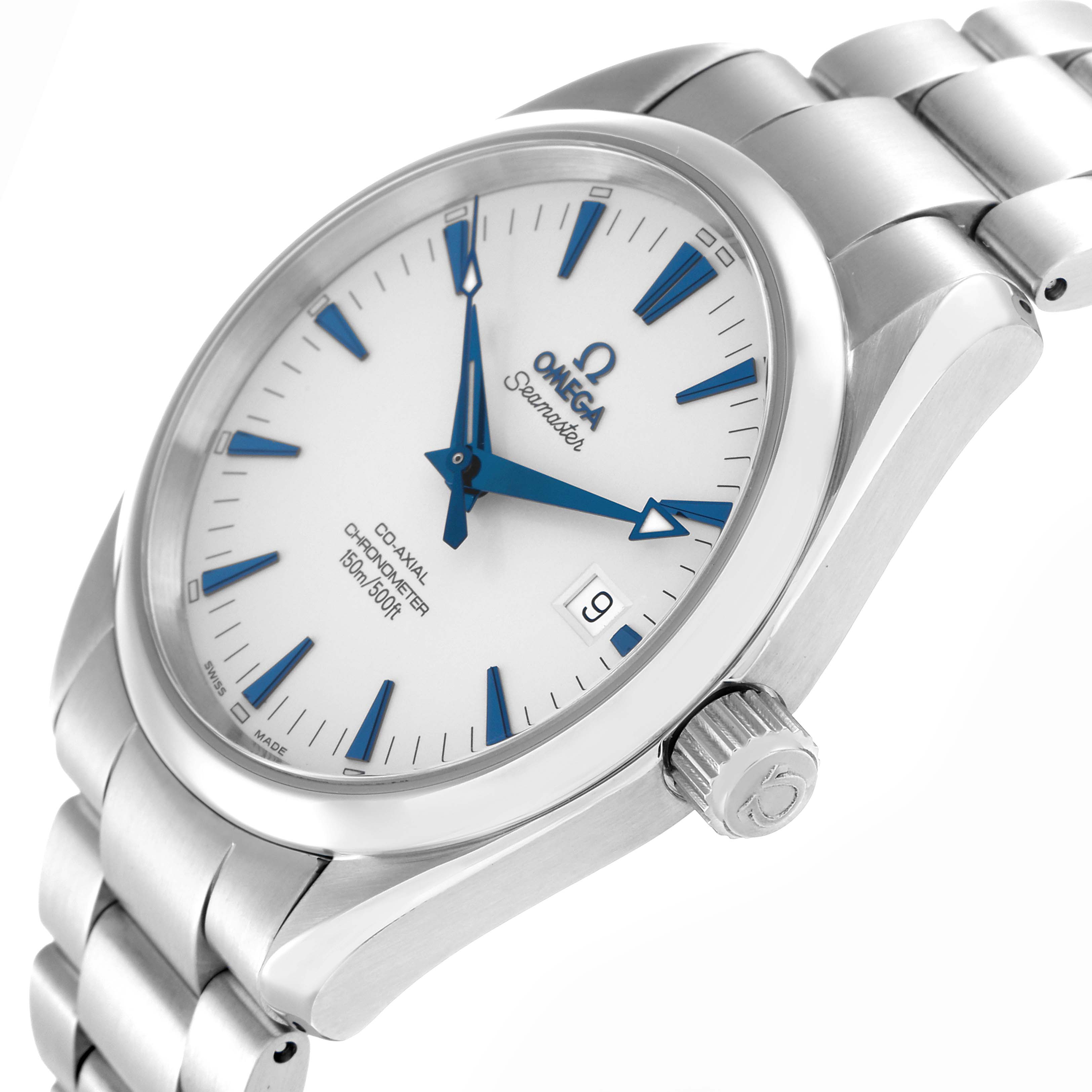 The Omega Aqua Terra 2503.33.00 Men
s Stainless Steel White Dial watch is shown from a slightly angled side view, highlighting the face, bezel, crown, and bracelet links.