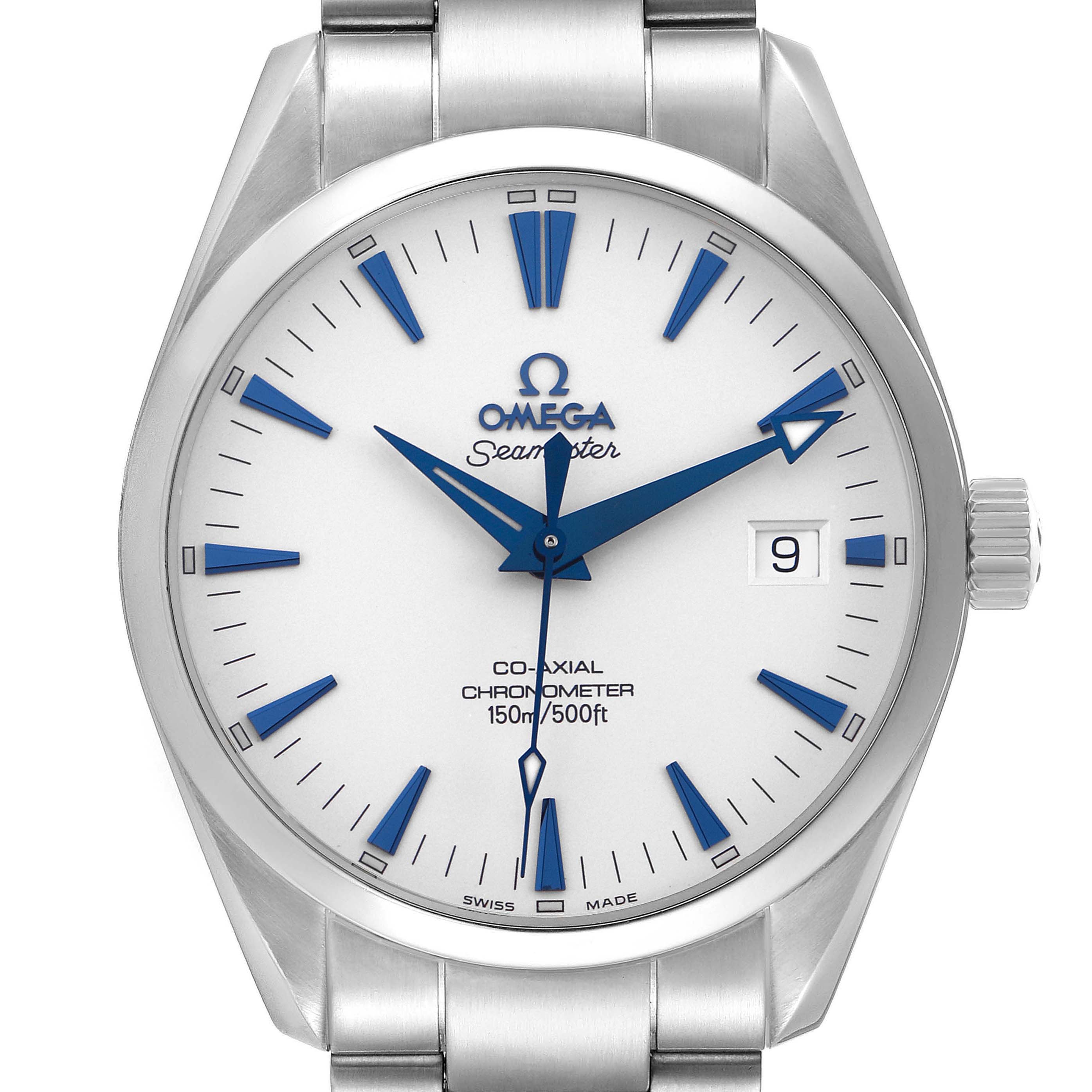 The image shows a frontal view of the Omega Aqua Terra 2503.33.00 Men
s Stainless Steel White Dial watch, highlighting the dial, hands, date window, and bracelet.