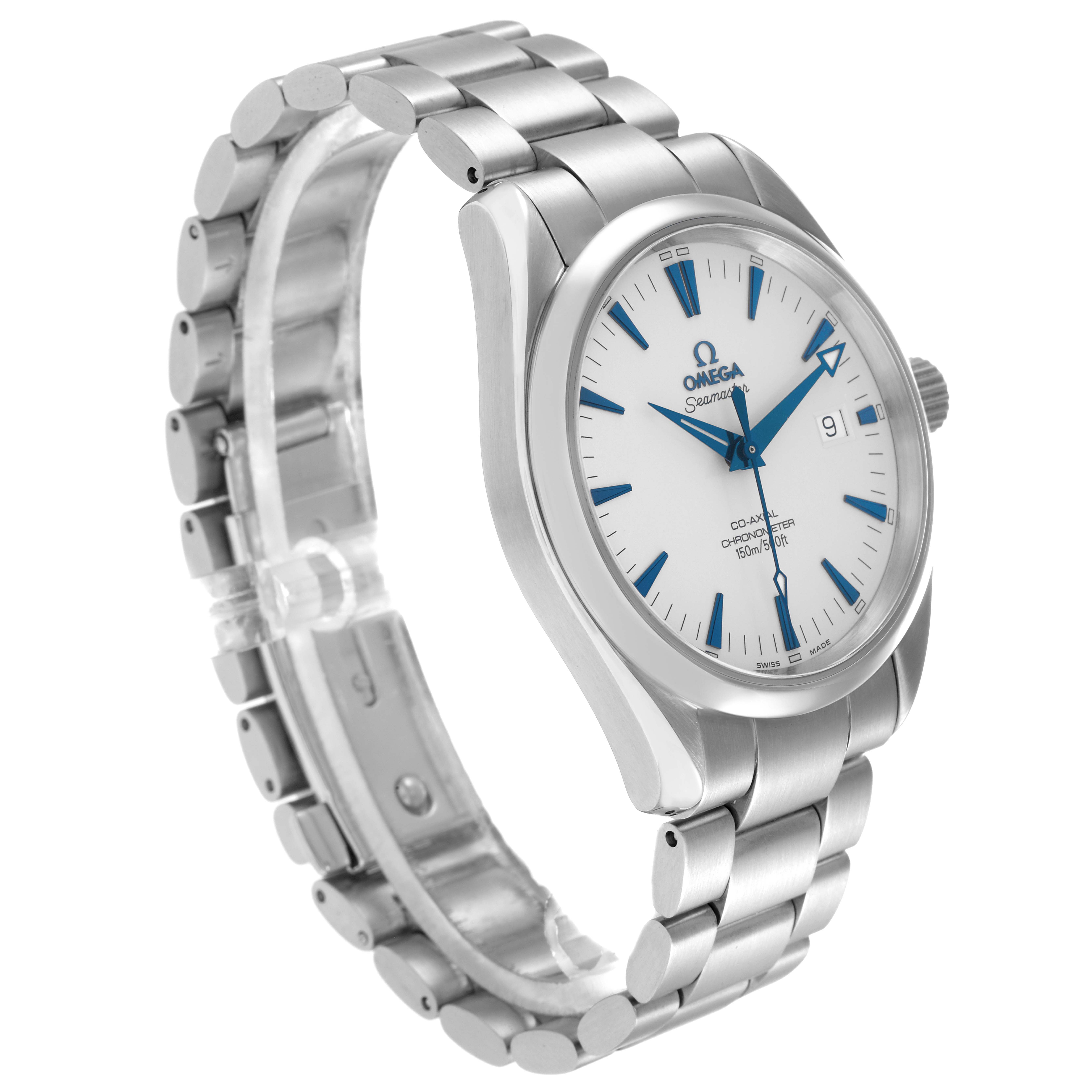 The Omega Aqua Terra 2503.33.00 Men
s Stainless Steel White Dial watch is shown at a three-quarter angle, highlighting the face, case, crown, and bracelet.