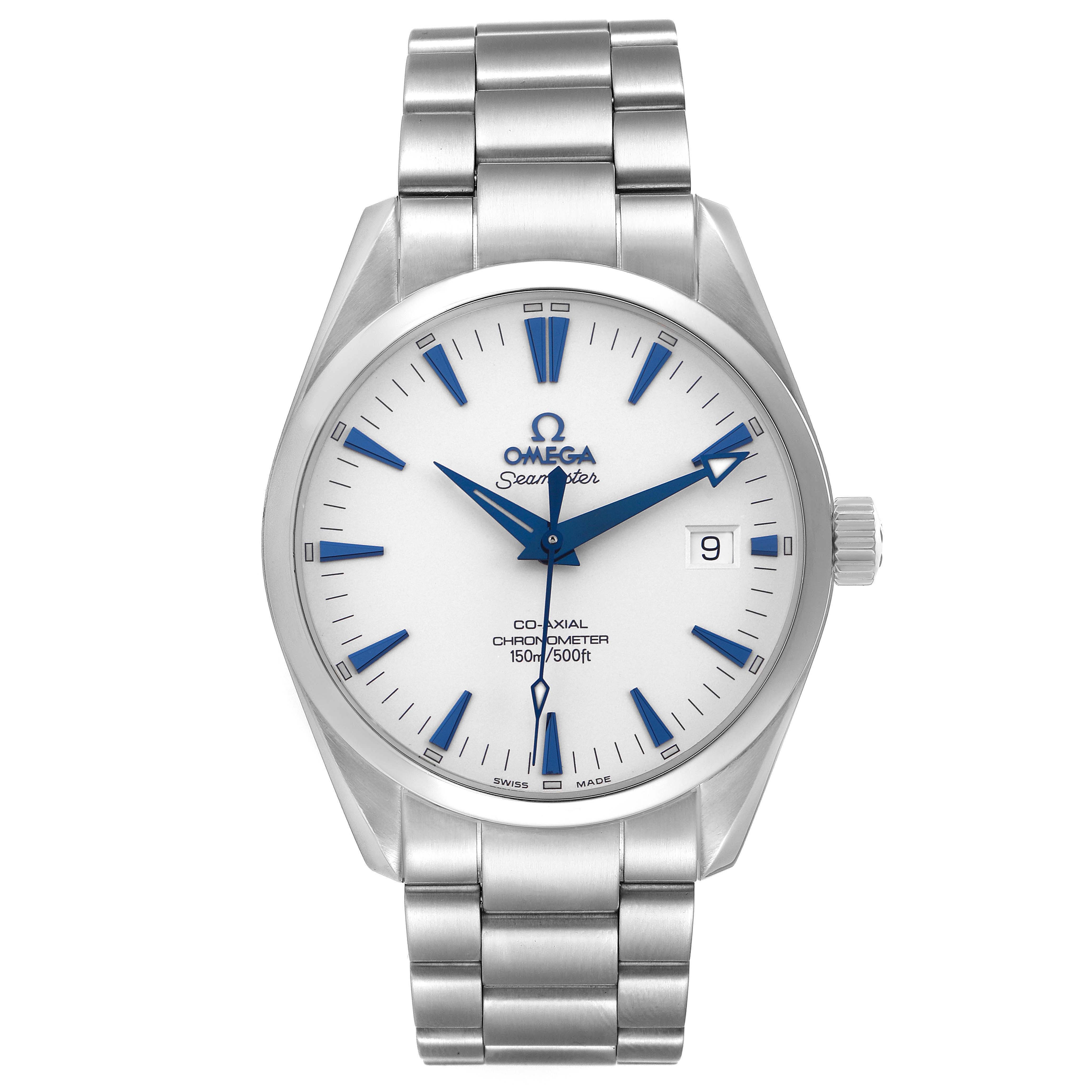The Omega Aqua Terra 2503.33.00 Men
s Stainless Steel White Dial watch is shown from the front, displaying the face, hands, bracelet, and crown.