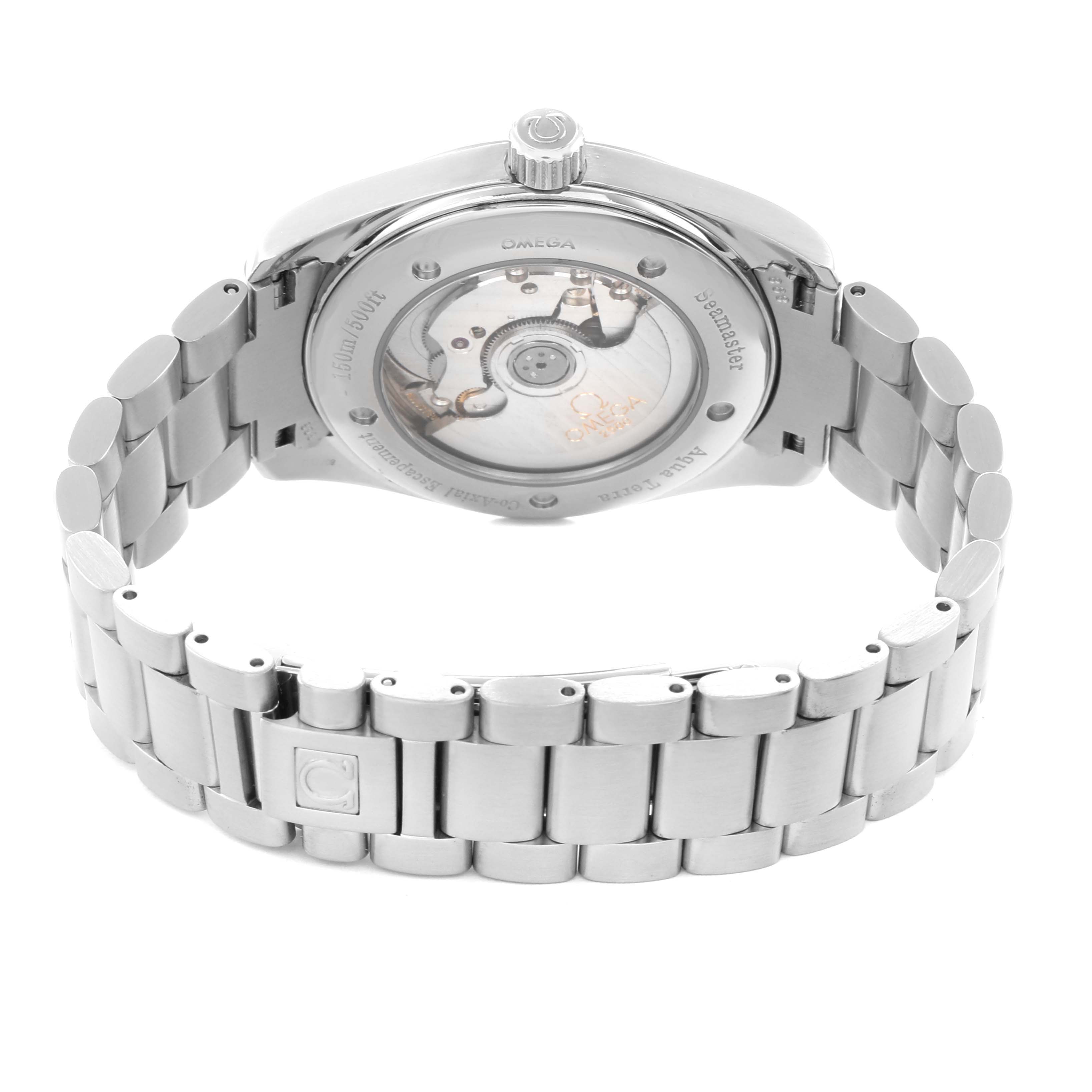The Omega Aqua Terra 2503.33.00 Men
s Stainless Steel White Dial watch is shown from the back, highlighting its stainless steel bracelet and transparent case back.