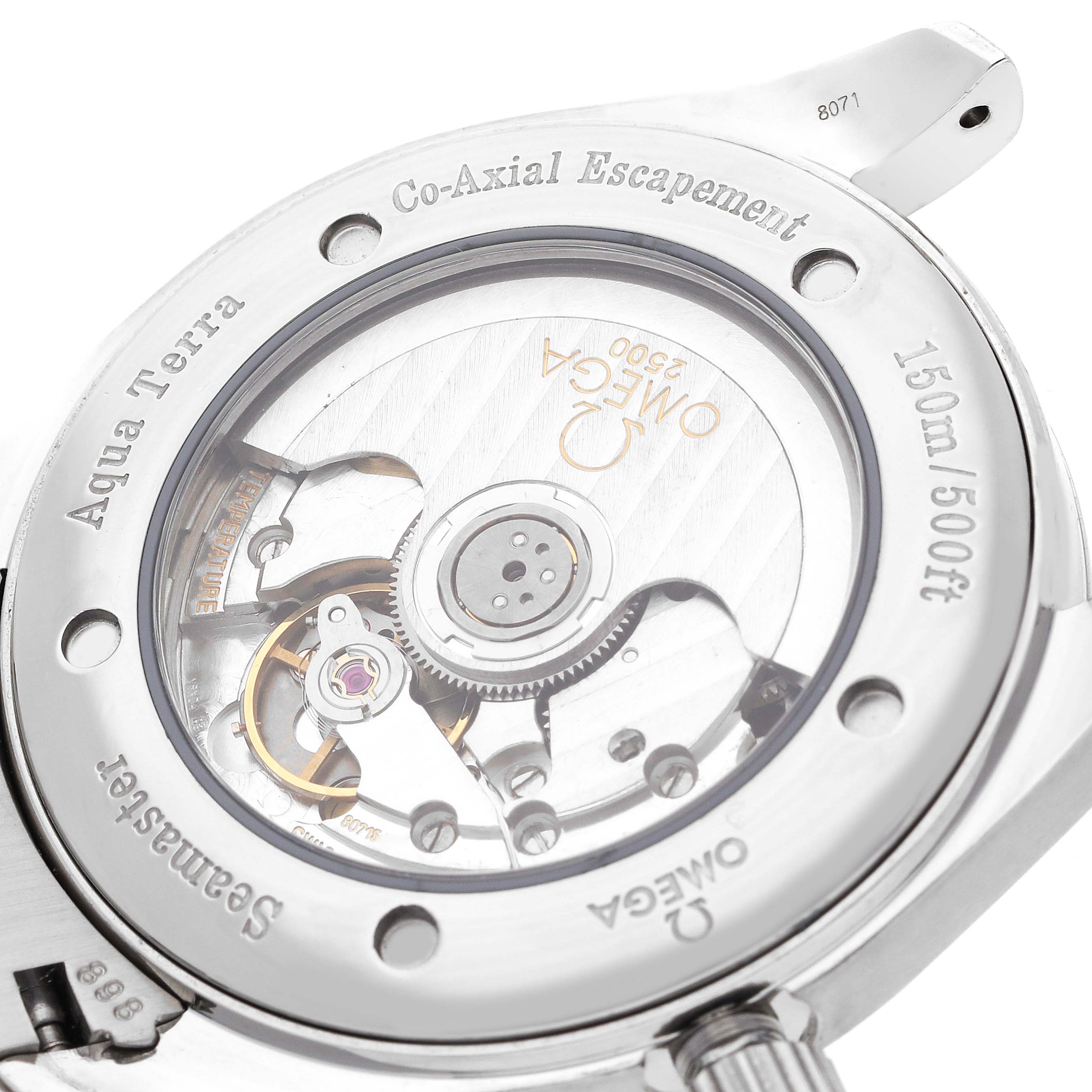 The image shows the back of the Omega Aqua Terra 2503.33.00 Men
s Stainless Steel White Dial watch, displaying its Co-Axial escapement mechanism through a transparent case.