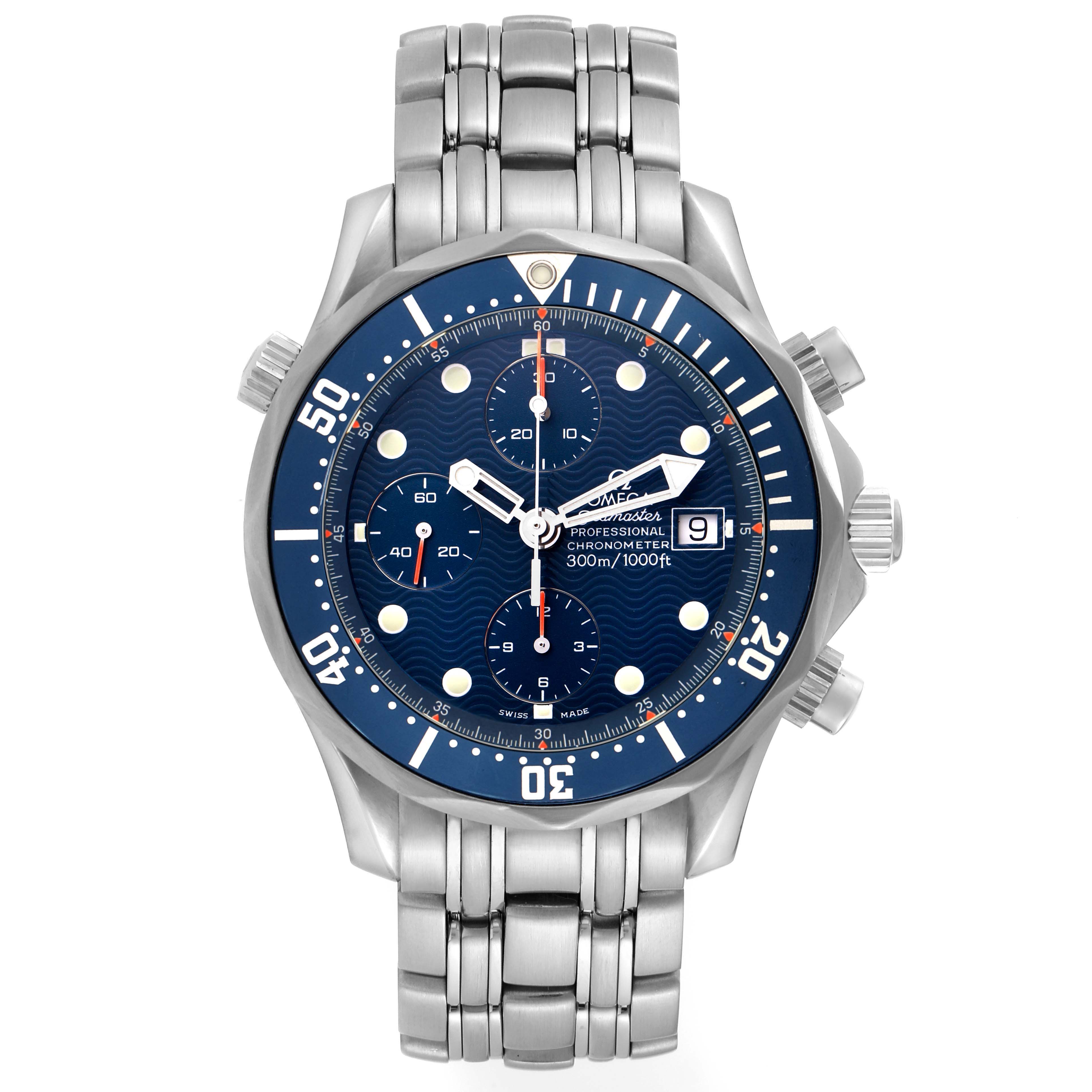 The Omega Seamaster 70878 Men
s Stainless Steel Blue Dial watch is shown from a front angle, highlighting its dial, bezel, and stainless steel bracelet.
