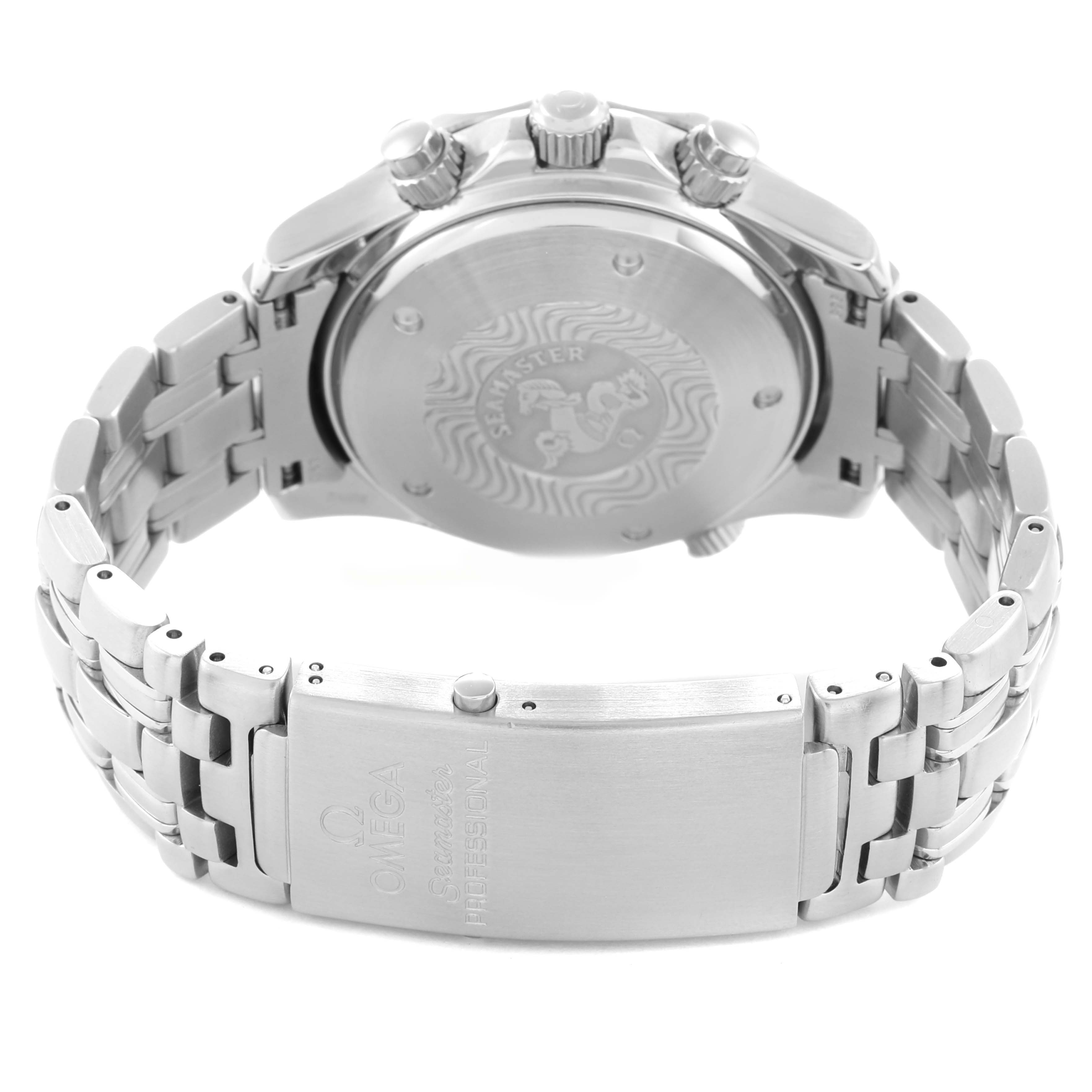 The image shows the back of the Omega Seamaster 70878 Men
s Stainless Steel Blue Dial, highlighting the case back and bracelet clasp.