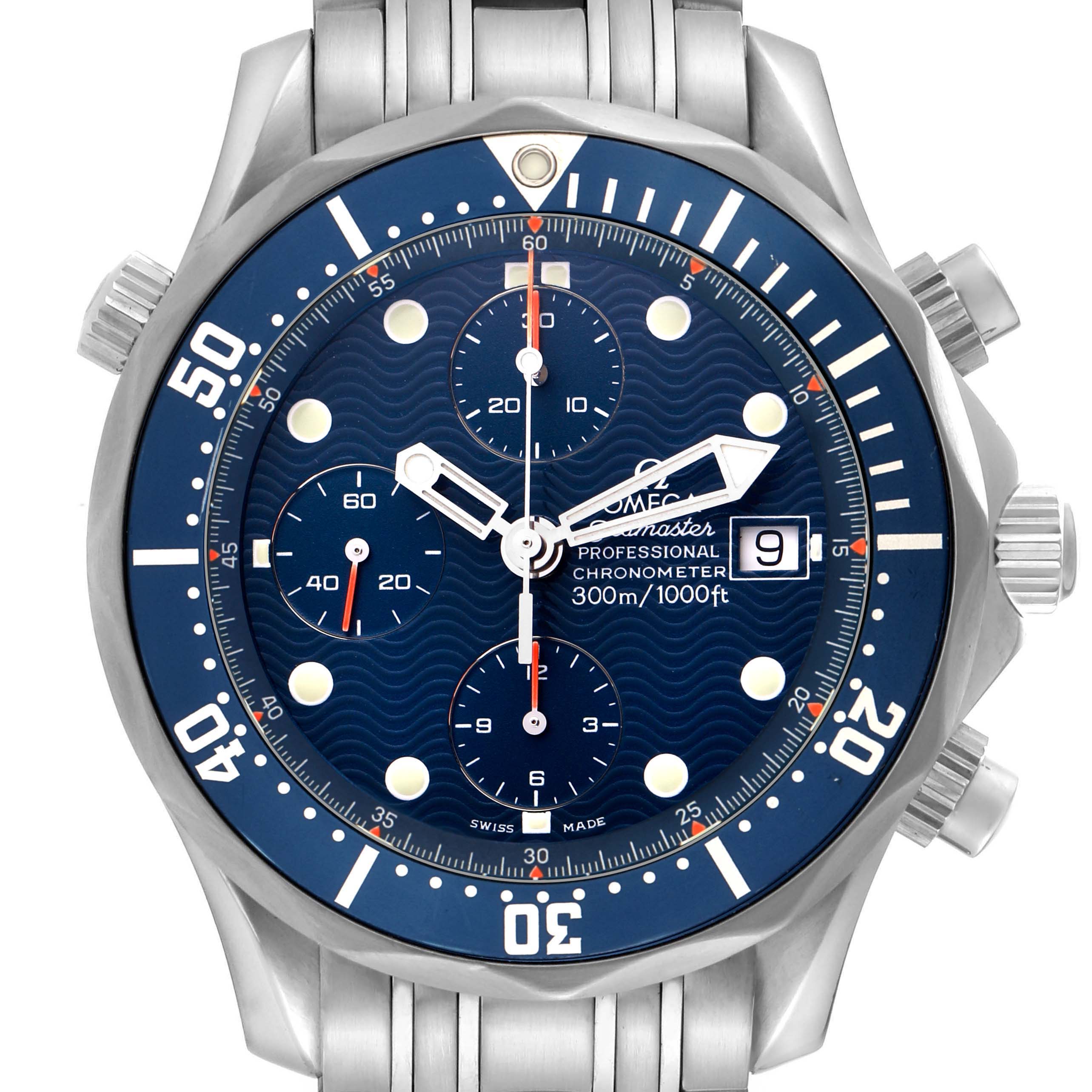 The Omega Seamaster 70878 Men
s Stainless Steel Blue Dial watch is shown from a top-down angle, highlighting the dial, bezel, subdials, and crown.