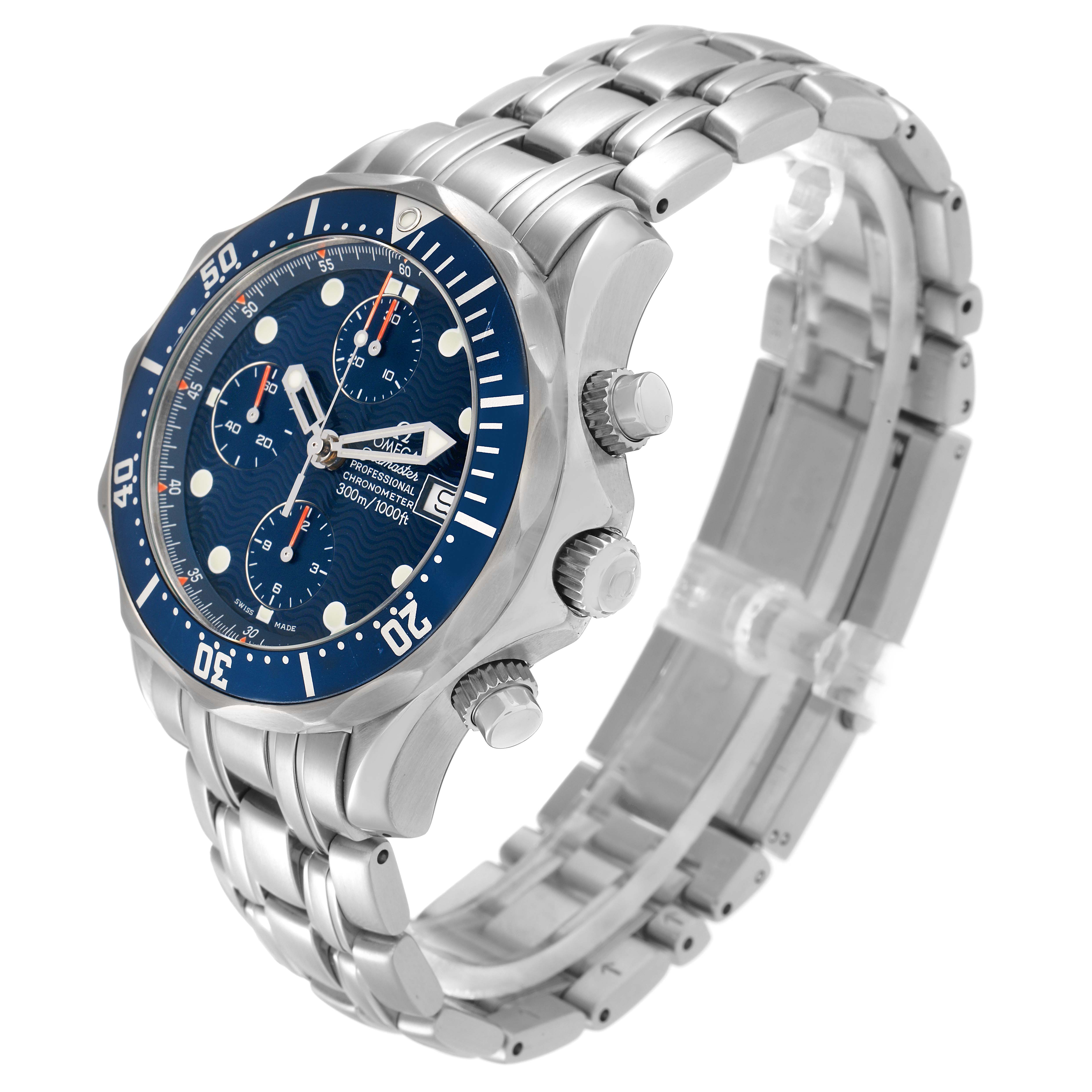 The image shows an Omega Seamaster 70878 Men
s Stainless Steel Blue Dial watch at a three-quarter angle, highlighting the face, bezel, crown, and bracelet.