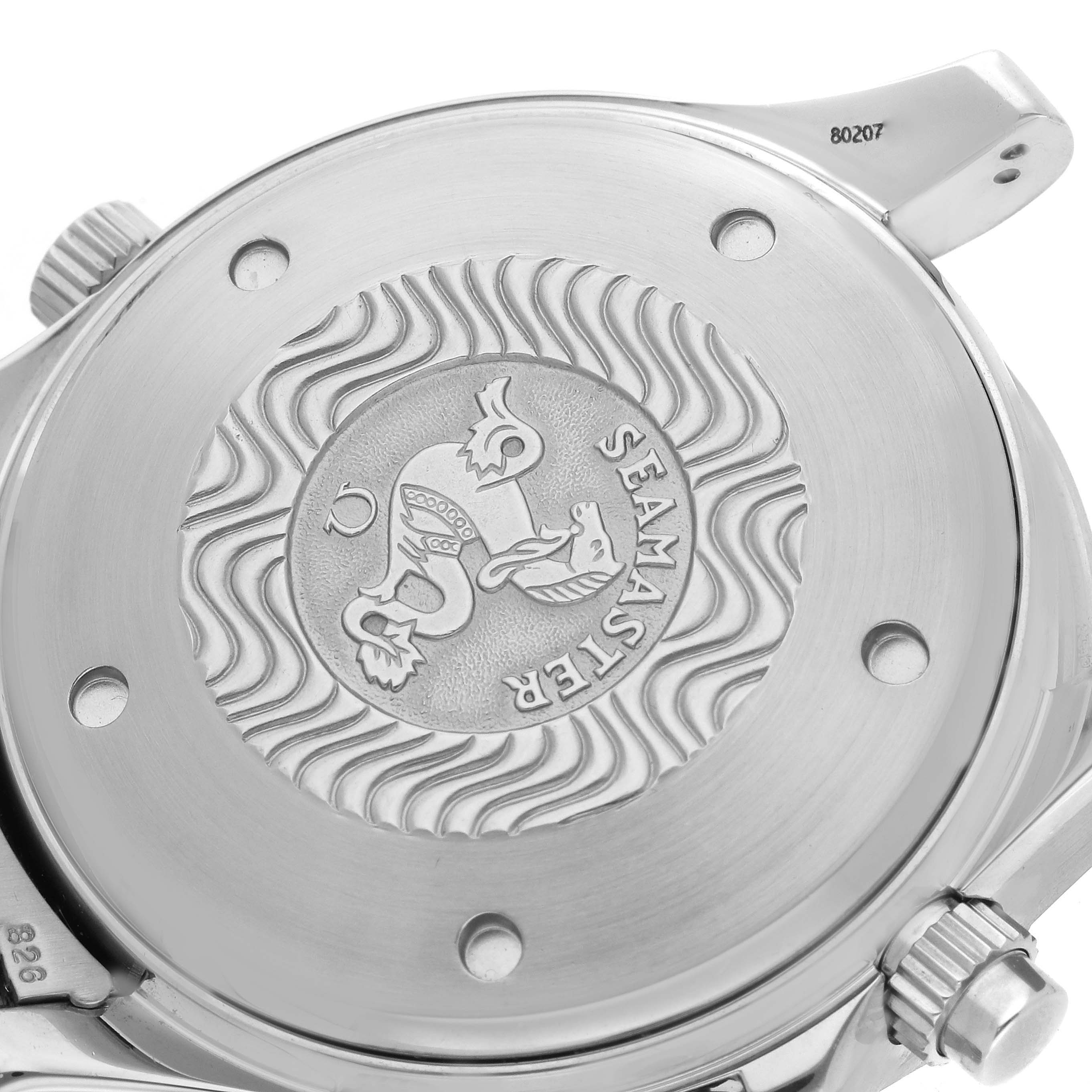 The image shows the back case of an Omega Seamaster 70878 Men
s Stainless Steel Blue Dial watch, featuring its engraved logo and wave pattern.