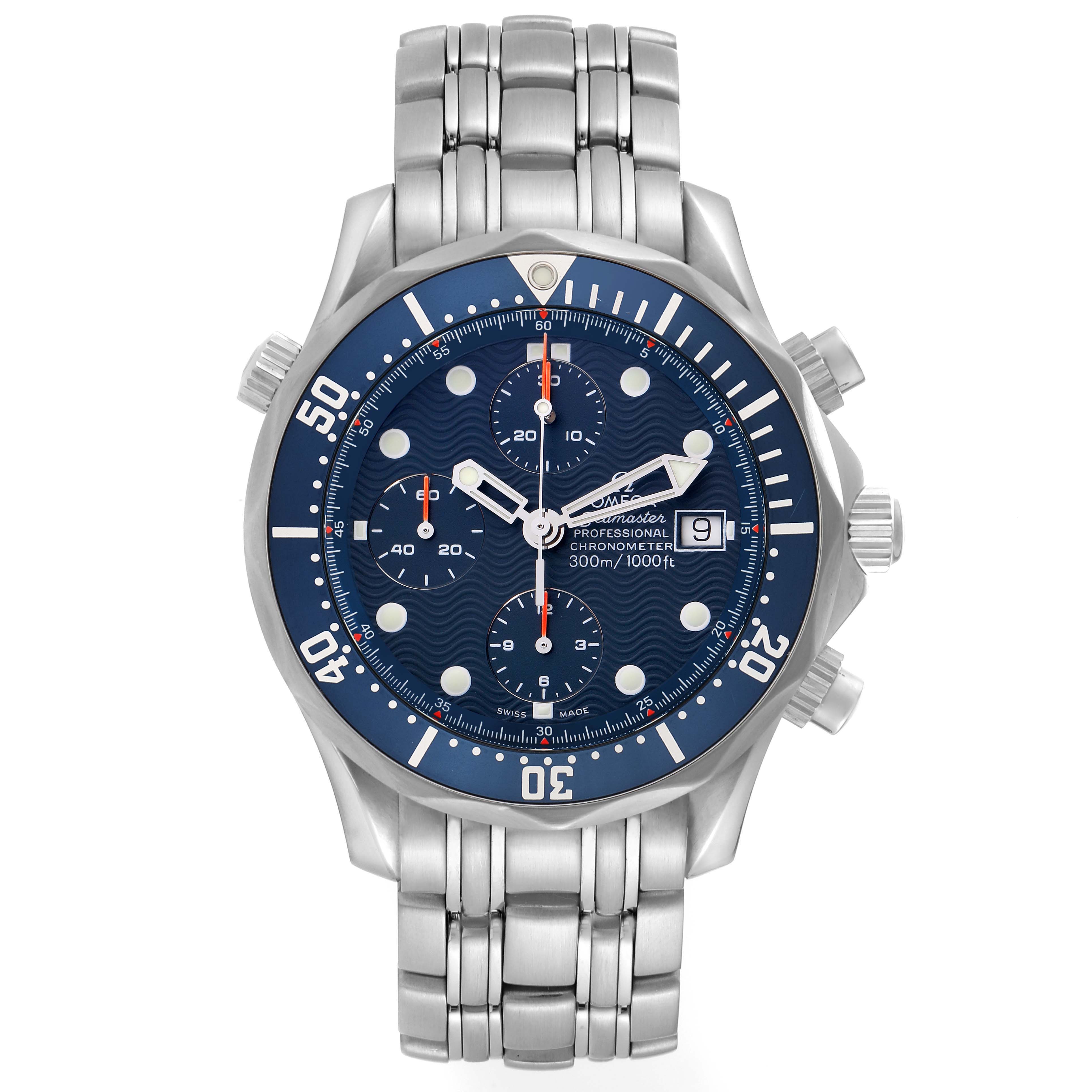The Omega Seamaster 2599.80.00 Men
s Stainless Steel Blue Dial watch is shown from the front, featuring its dial, bezel, chronograph sub-dials, and bracelet.
