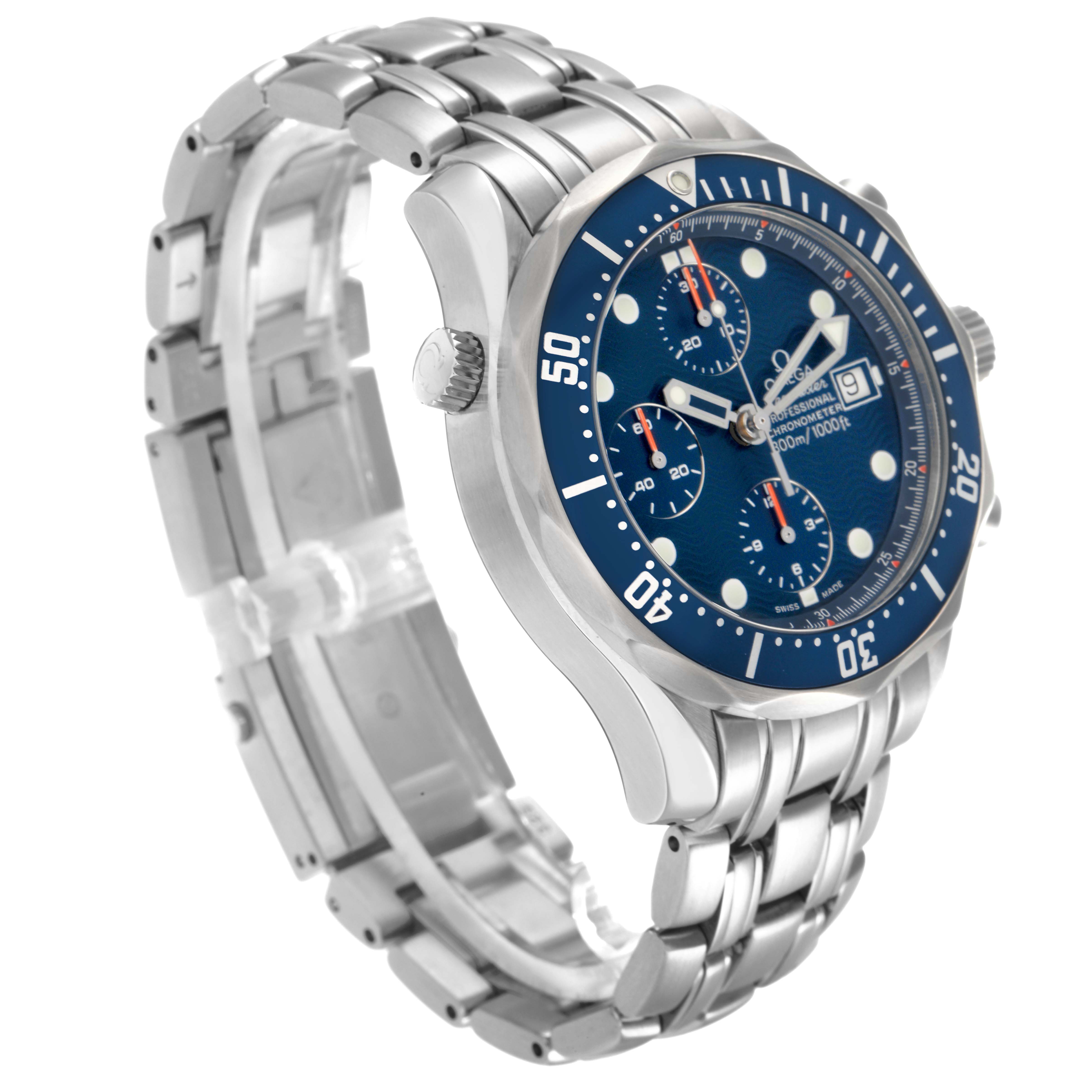 The Omega Seamaster 2599.80.00 Men
s Stainless Steel Blue Dial watch is shown from a three-quarter angle, highlighting the face, bezel, crown, and bracelet.
