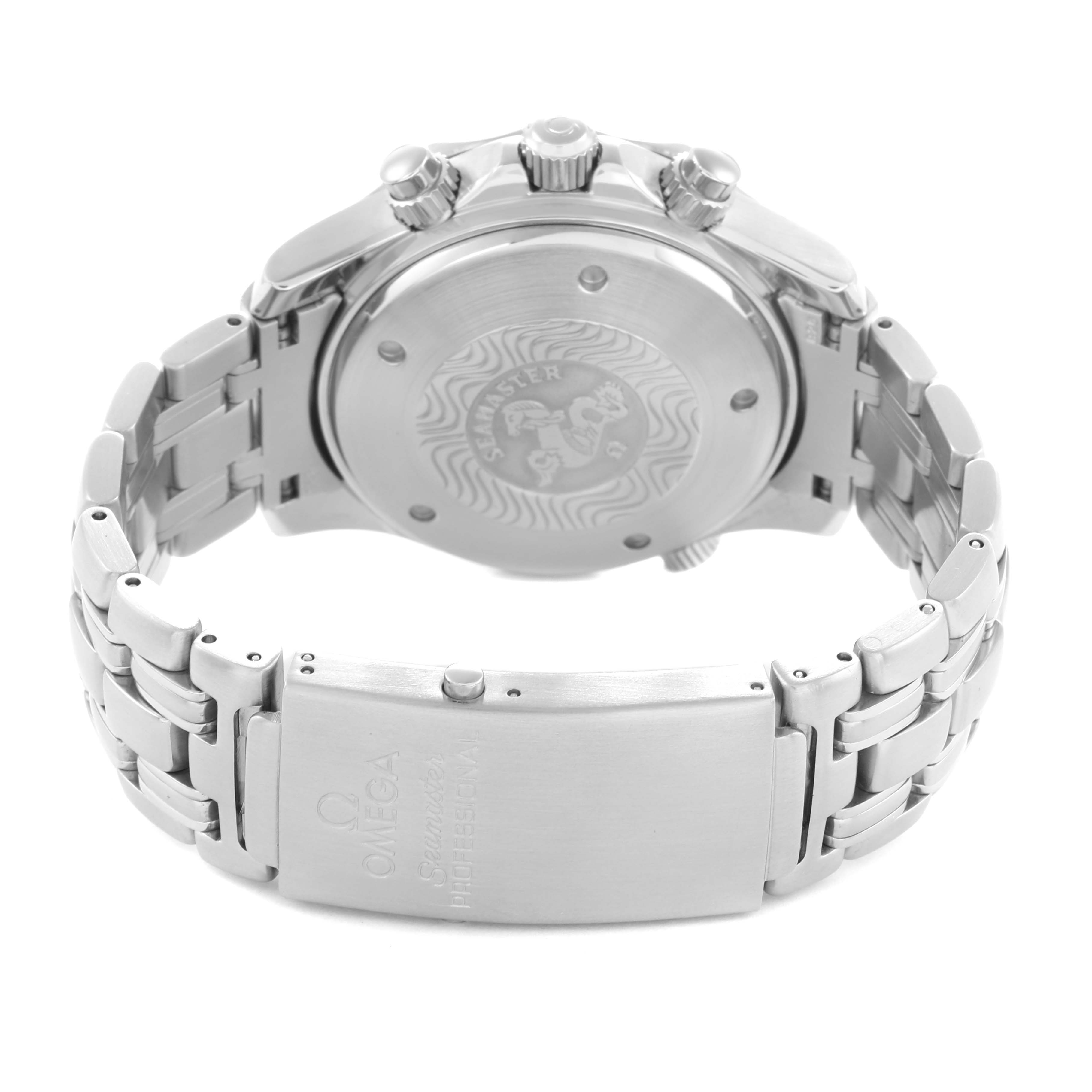 The Omega Seamaster 2599.80.00 Men
s Stainless Steel Blue Dial watch is shown from the back, displaying its stainless steel case back, bracelet, and clasp.