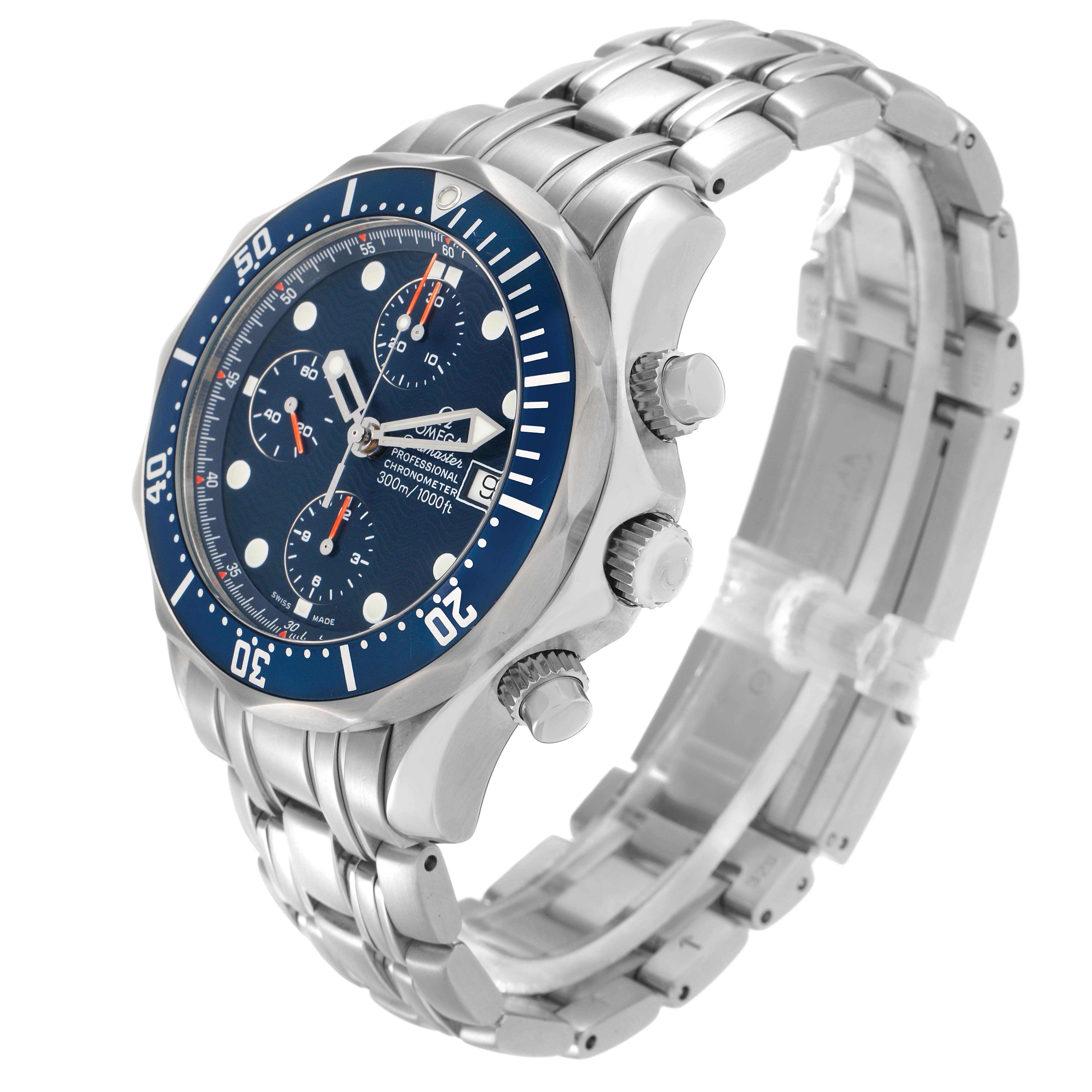 The Omega Seamaster 2599.80.00 Men
s Stainless Steel Blue Dial watch is shown at a three-quarter angle, displaying the dial, bezel, crown, pushers, and bracelet.
