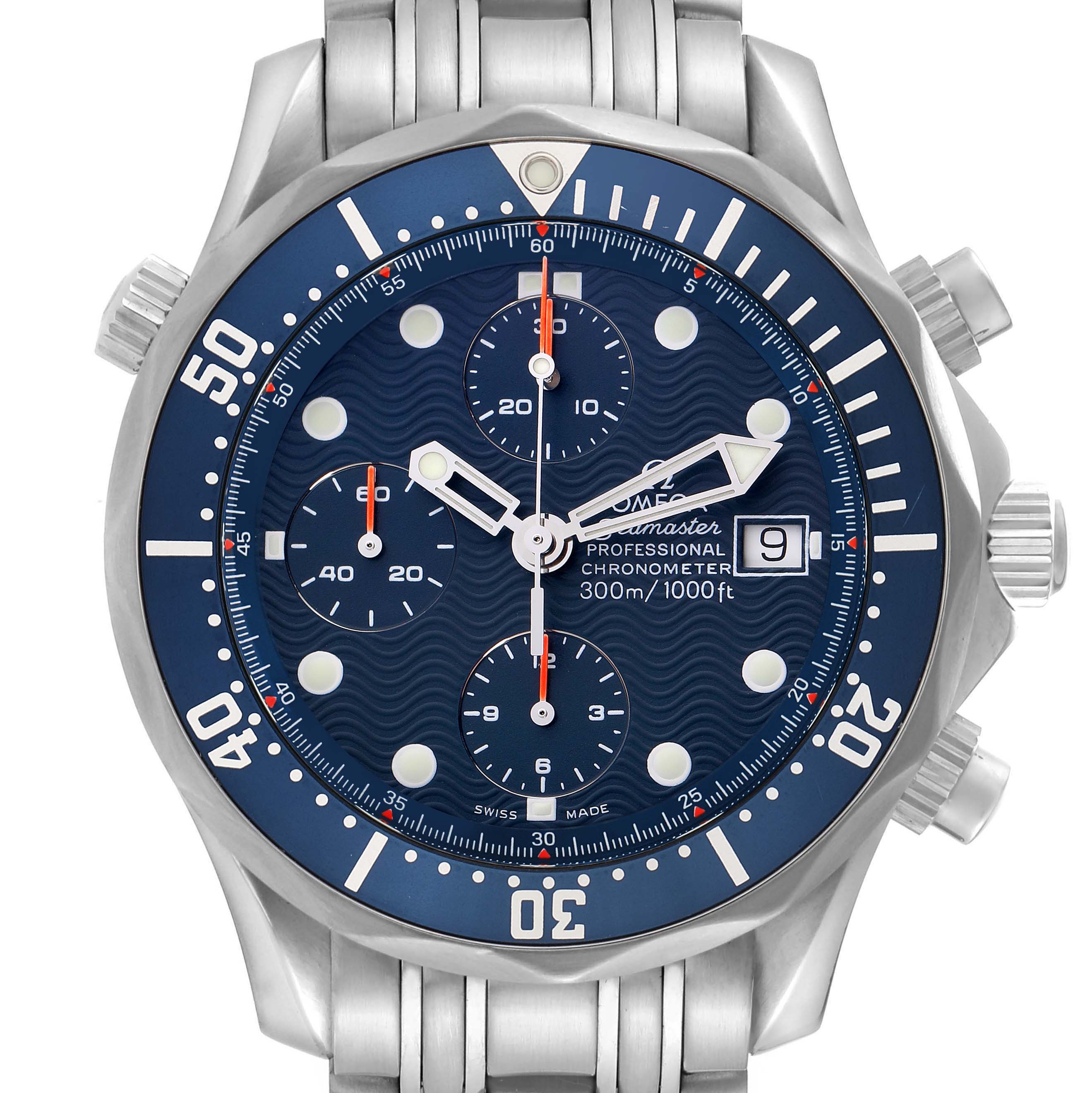 The Omega Seamaster 2599.80.00 Men
s Stainless Steel Blue Dial watch is shown from a front angle, displaying the bezel, dial, subdials, date window, and metal bracelet.