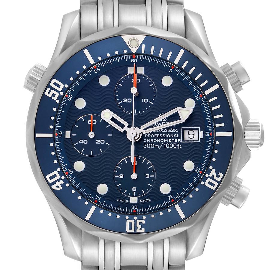 The Omega Seamaster model 2599.80.00 is shown from a front angle, highlighting its blue dial, chronograph sub-dials, and stainless steel bracelet.