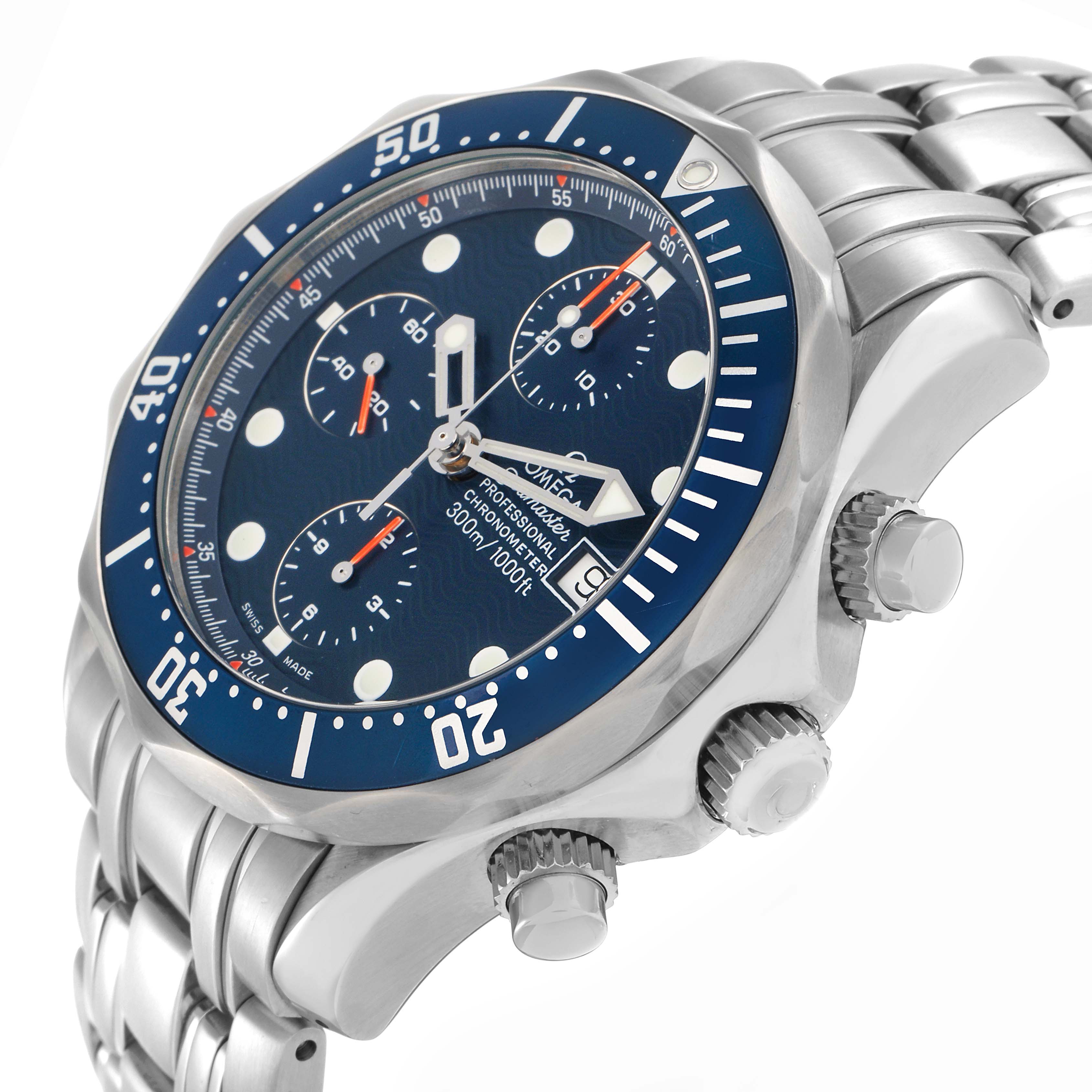 The Omega Seamaster 2599.80.00 Men
s Stainless Steel Blue Dial watch is shown at an angle highlighting the crown, bezel, and bracelet.