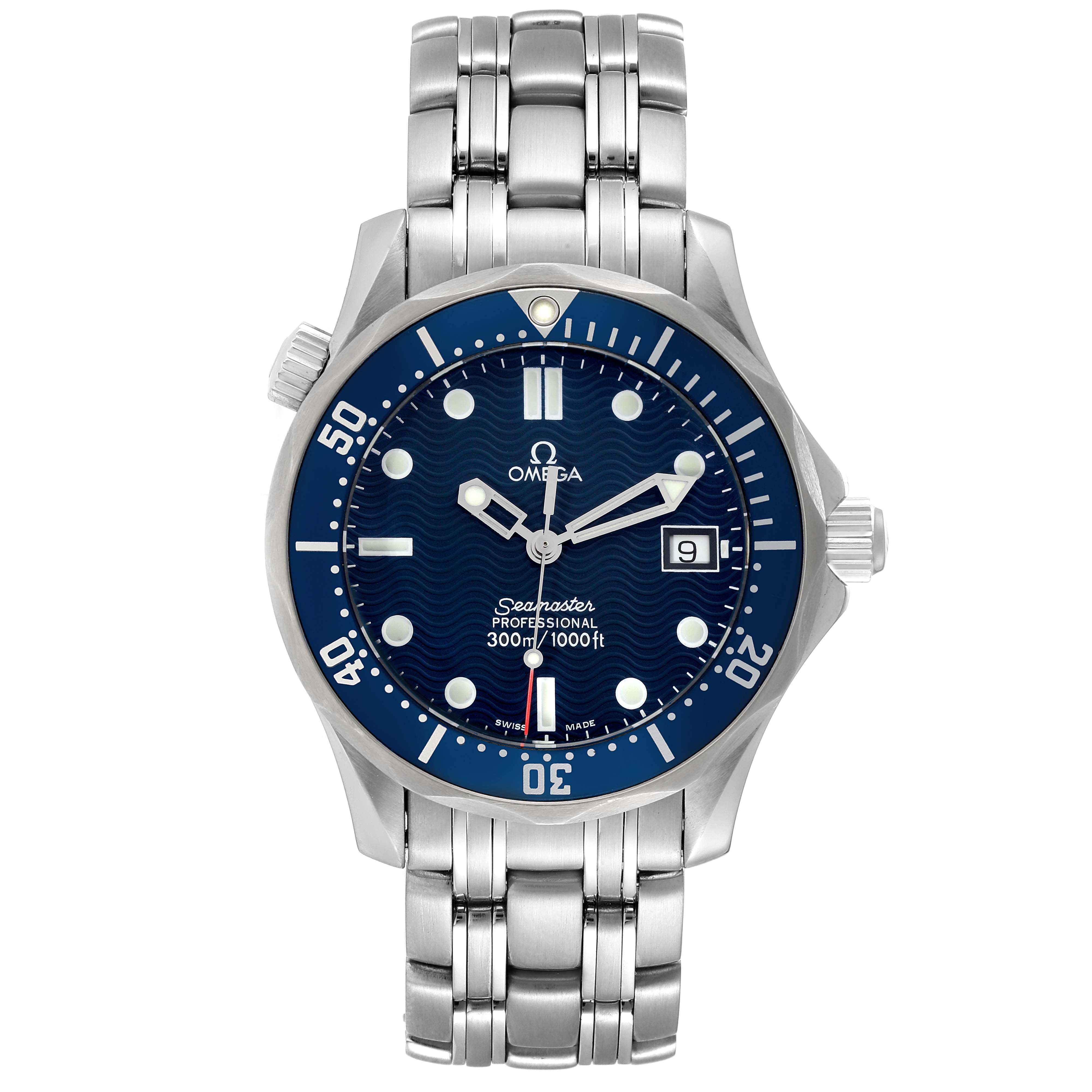 The Omega Seamaster 2561.80.00 Men's Stainless Steel Blue Dial 2561.80.00 Men's Stainless Steel Blue Dial watch is shown from the front, displaying its blue dial, stainless steel bracelet, and bezel features.