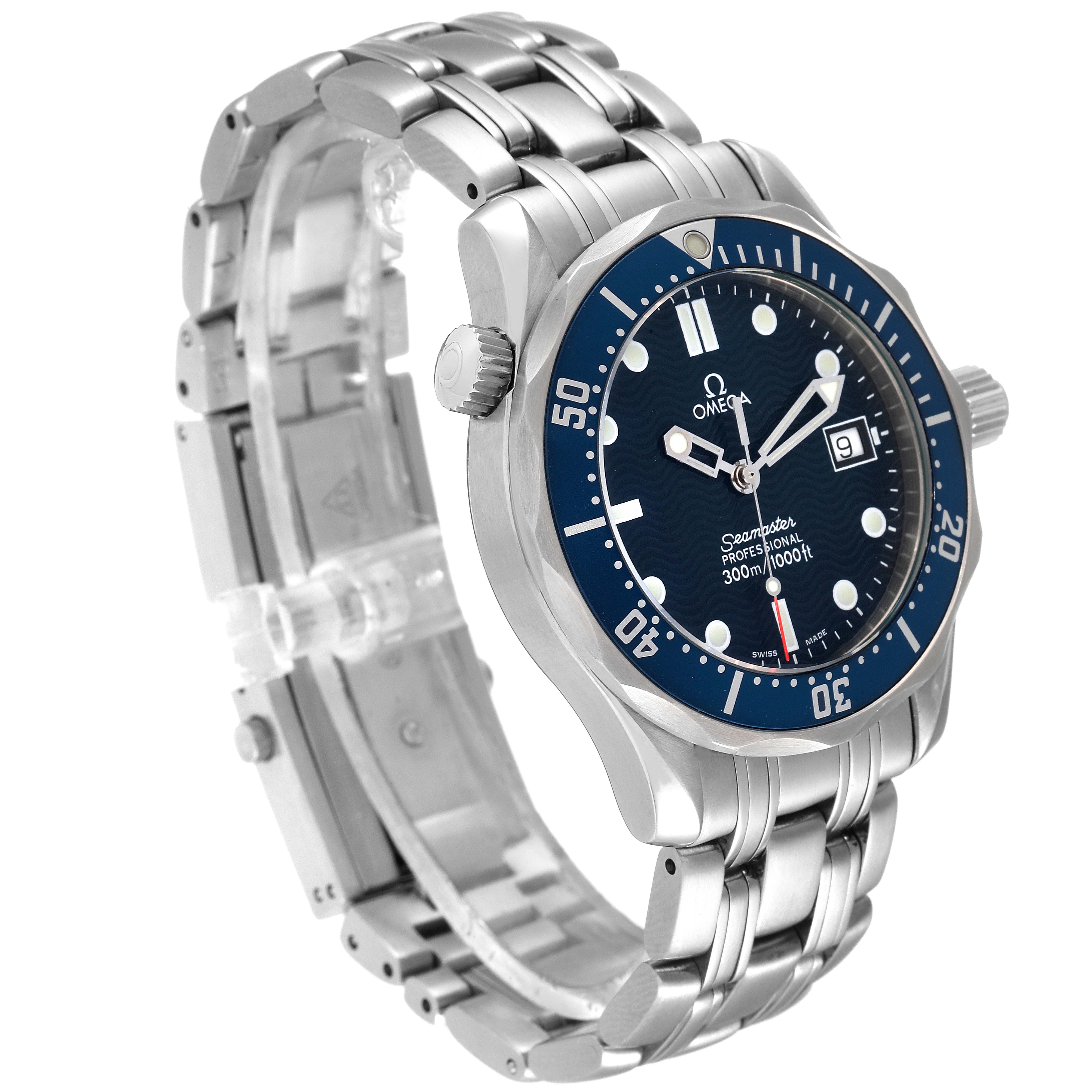 The image shows an angled view of the Omega Seamaster 2561.80.00 Men's Stainless Steel Blue Dial 2561.80.00 Men's Stainless Steel Blue Dial watch, highlighting its dial, bezel, bracelet, crown, and clasp.
