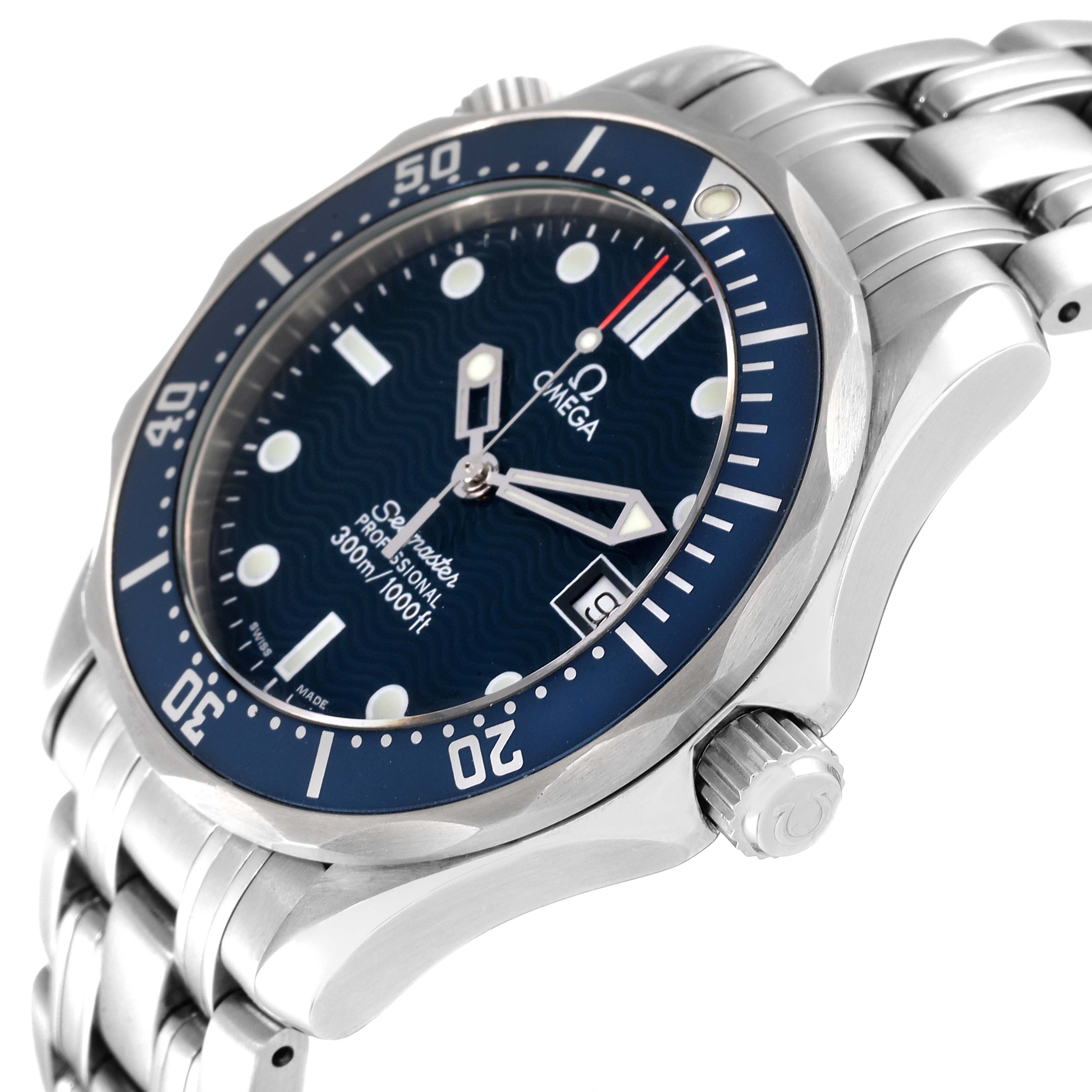 The image shows an angled close-up of an Omega Seamaster 2561.80.00 Men's Stainless Steel Blue Dial 2561.80.00 Men's Stainless Steel Blue Dial watch, highlighting its dial, bezel, and part of the bracelet.