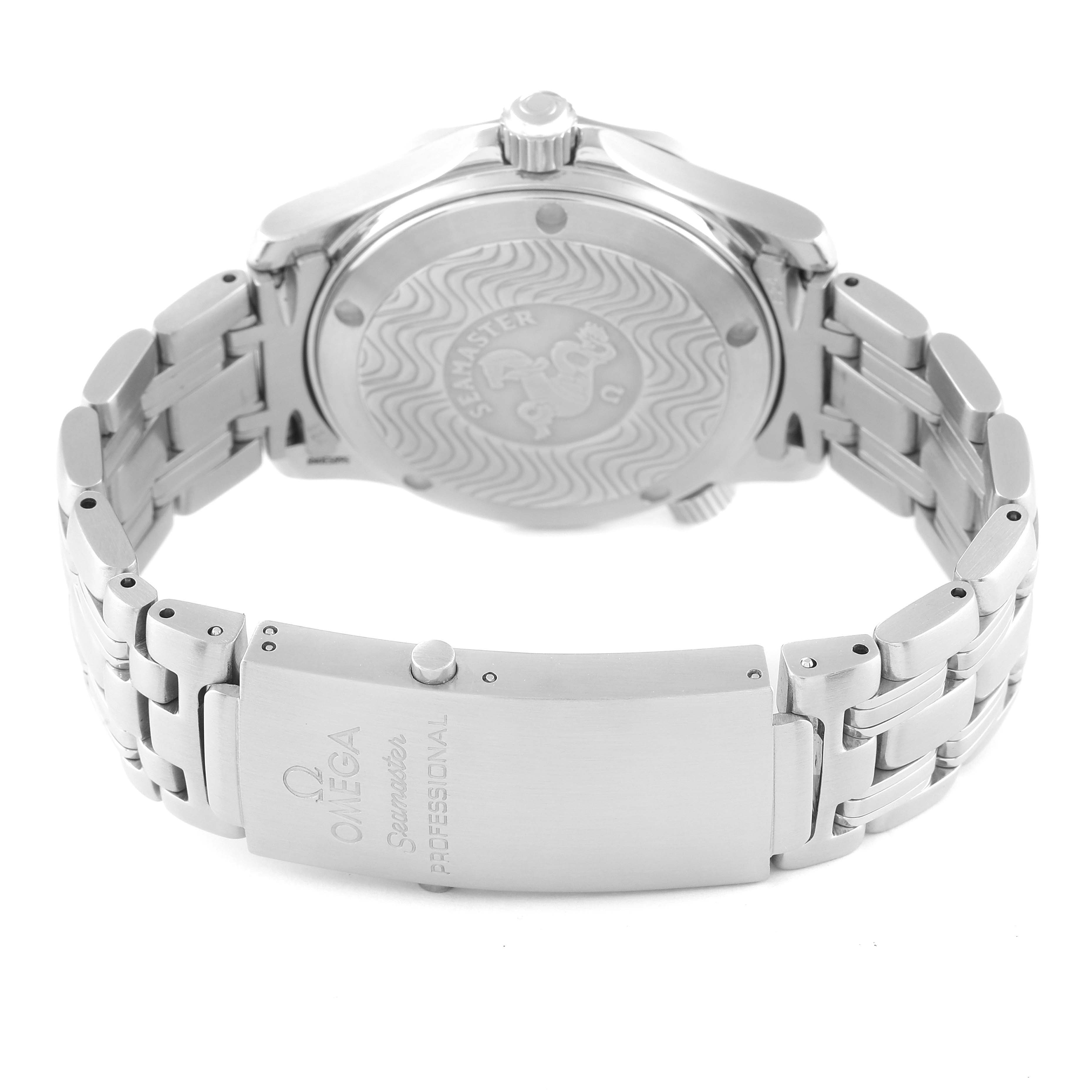 The image shows the back view of an Omega Seamaster 2561.80.00 Men's Stainless Steel Blue Dial 2561.80.00 Men's Stainless Steel Blue Dial watch highlighting its bracelet, clasp, and engraved case back.