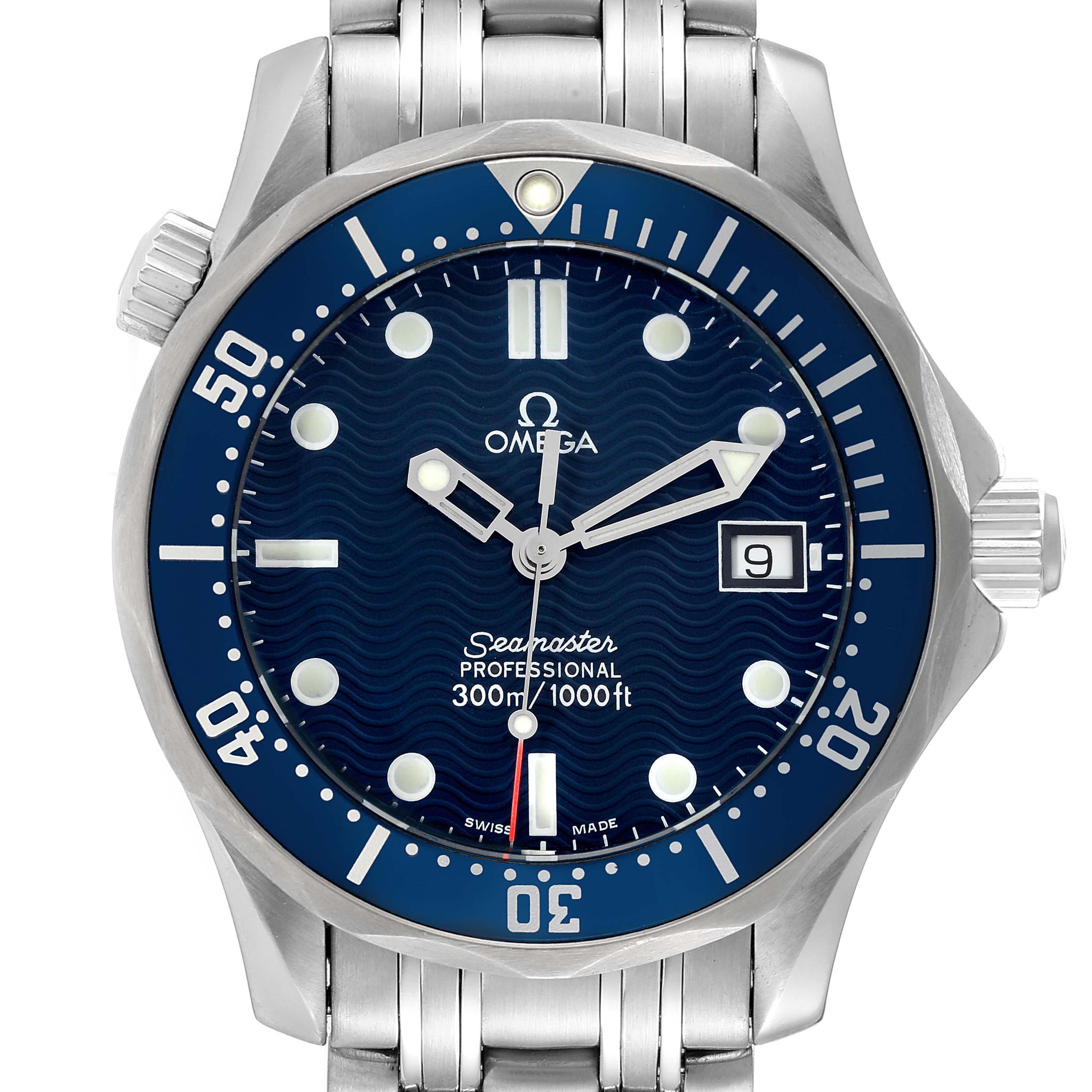 The image shows a front view of an Omega Seamaster 2561.80.00 Men's Stainless Steel Blue Dial 2561.80.00 Men's Stainless Steel Blue Dial watch, highlighting its blue dial, bezel, and stainless steel band.