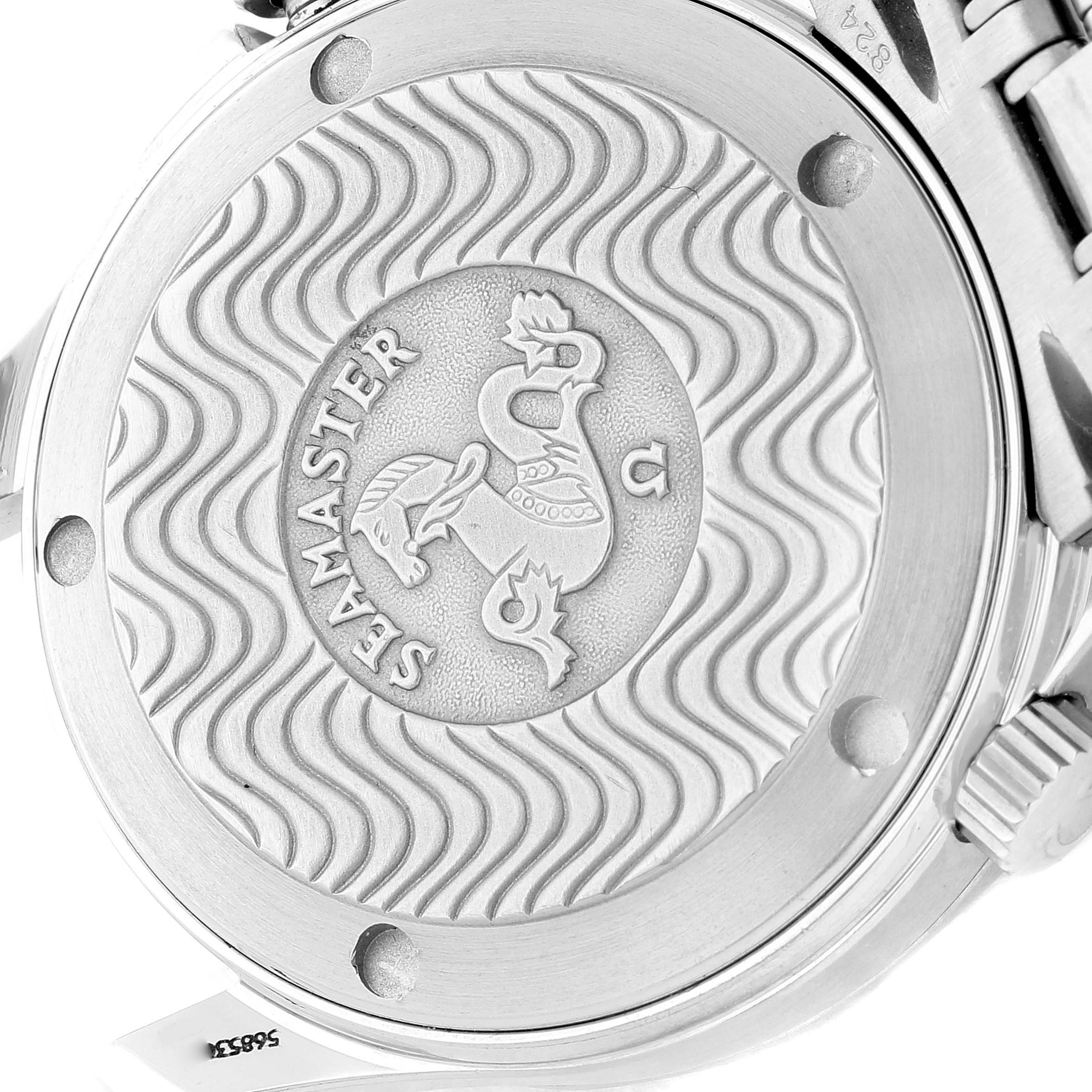 The image shows the engraved case back of an Omega Seamaster 2561.80.00 Men's Stainless Steel Blue Dial 2561.80.00 Men's Stainless Steel Blue Dial watch.