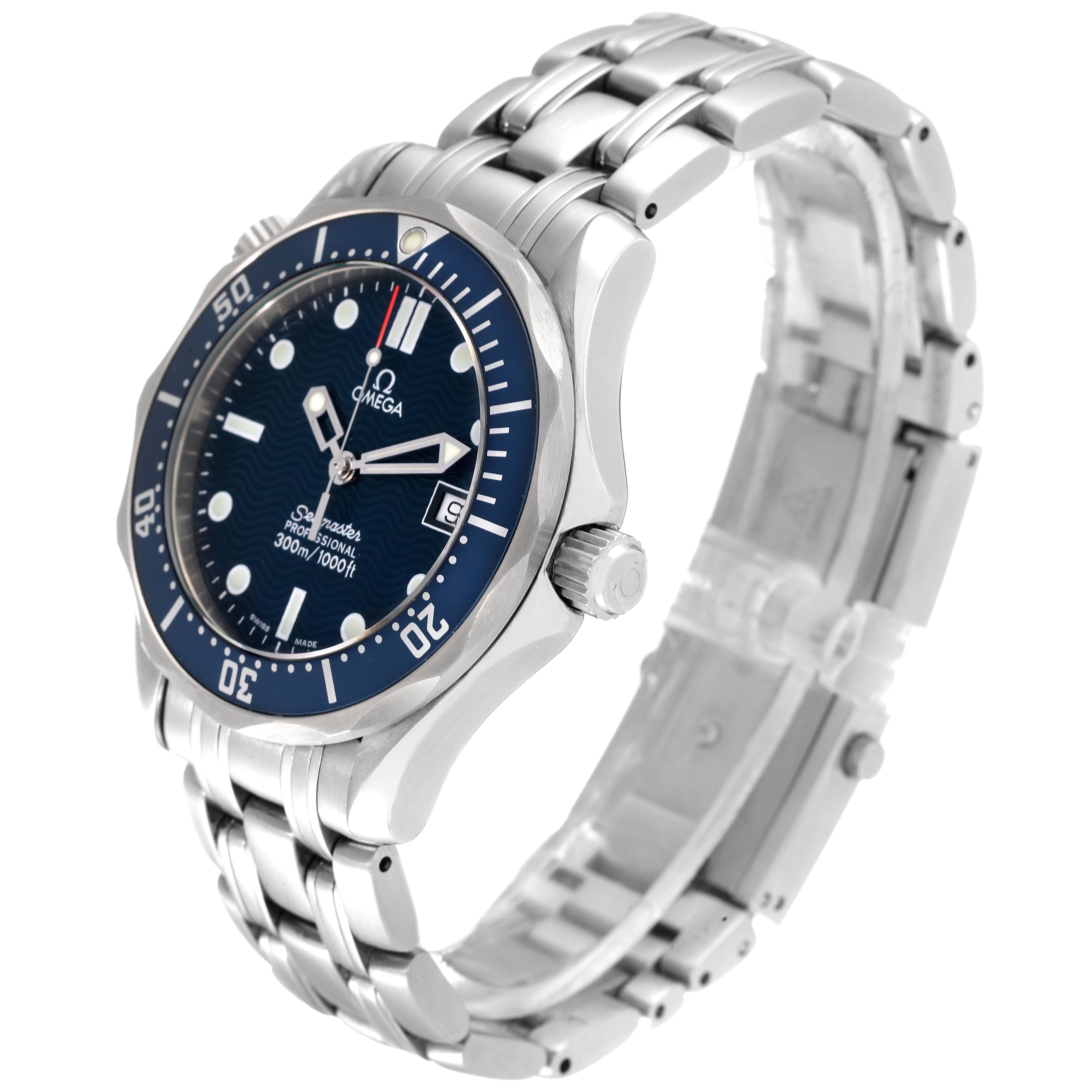 The Omega Seamaster 2561.80.00 Men's Stainless Steel Blue Dial 2561.80.00 Men's Stainless Steel Blue Dial watch is shown from an angled side view, highlighting the dial, bezel, crown, and metal bracelet.