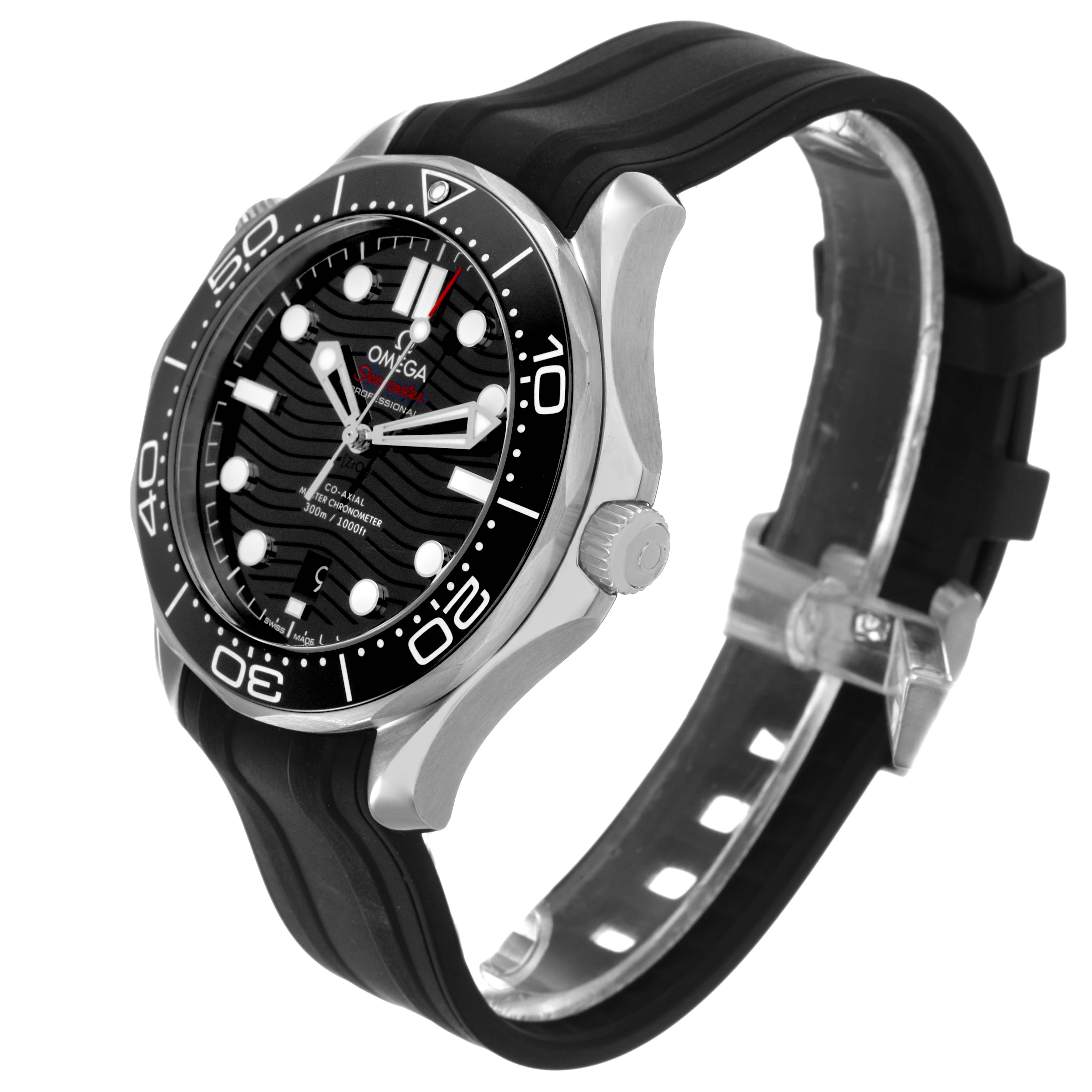 The Omega Seamaster 210.32.42.20.01.001 Men's Stainless Steel Black Dial watch is shown from a three-quarter angle, highlighting the bezel, dial, and rubber strap.