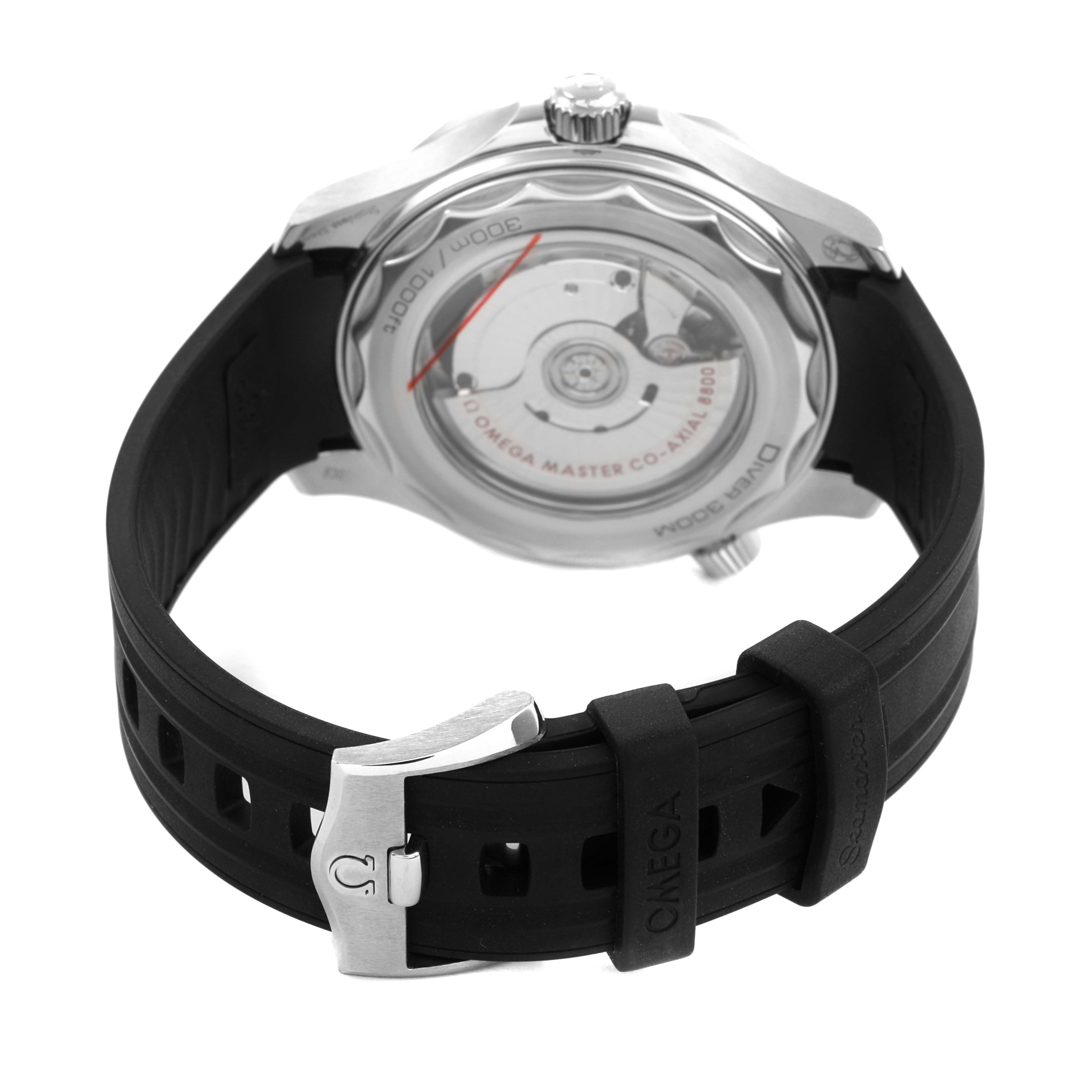 The Omega Seamaster 210.32.42.20.01.001 Men's Stainless Steel Black Dial watch is shown from the back, highlighting its movement and black rubber strap with a clasp.