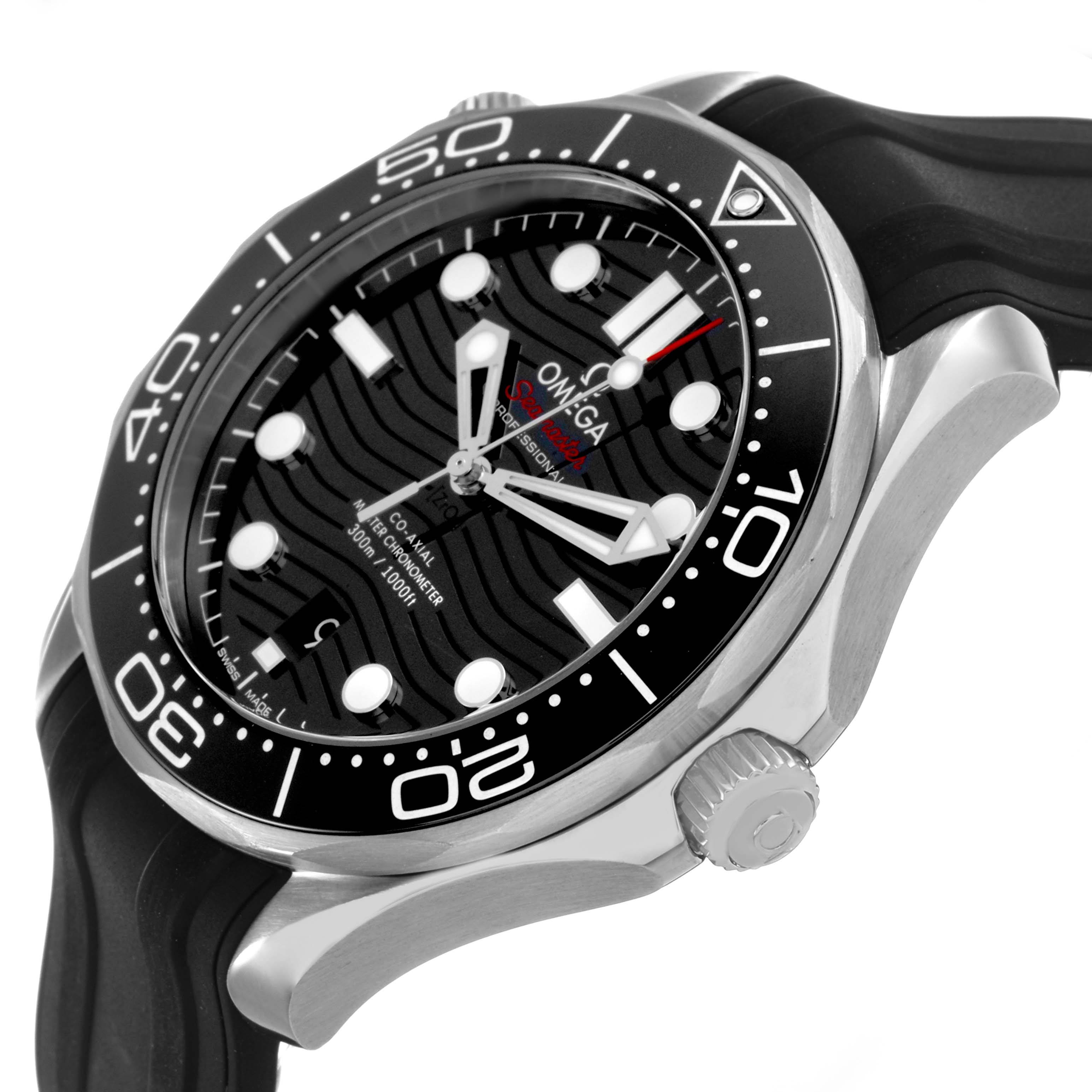 The Omega Seamaster 210.32.42.20.01.001 Men's Stainless Steel Black Dial watch is shown at an angled side view, highlighting the bezel, dial, hands, crown, and strap.