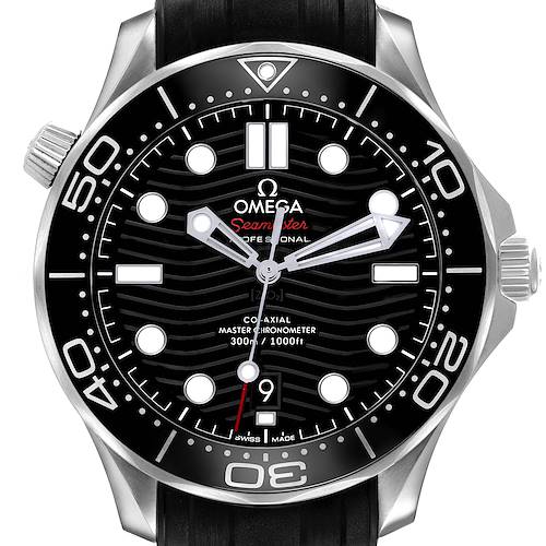 The Omega Seamaster 210.32.42.20.01.001 Men's Stainless Steel Black Dial watch is shown from the front, displaying the face, bezel, markings, and crown.