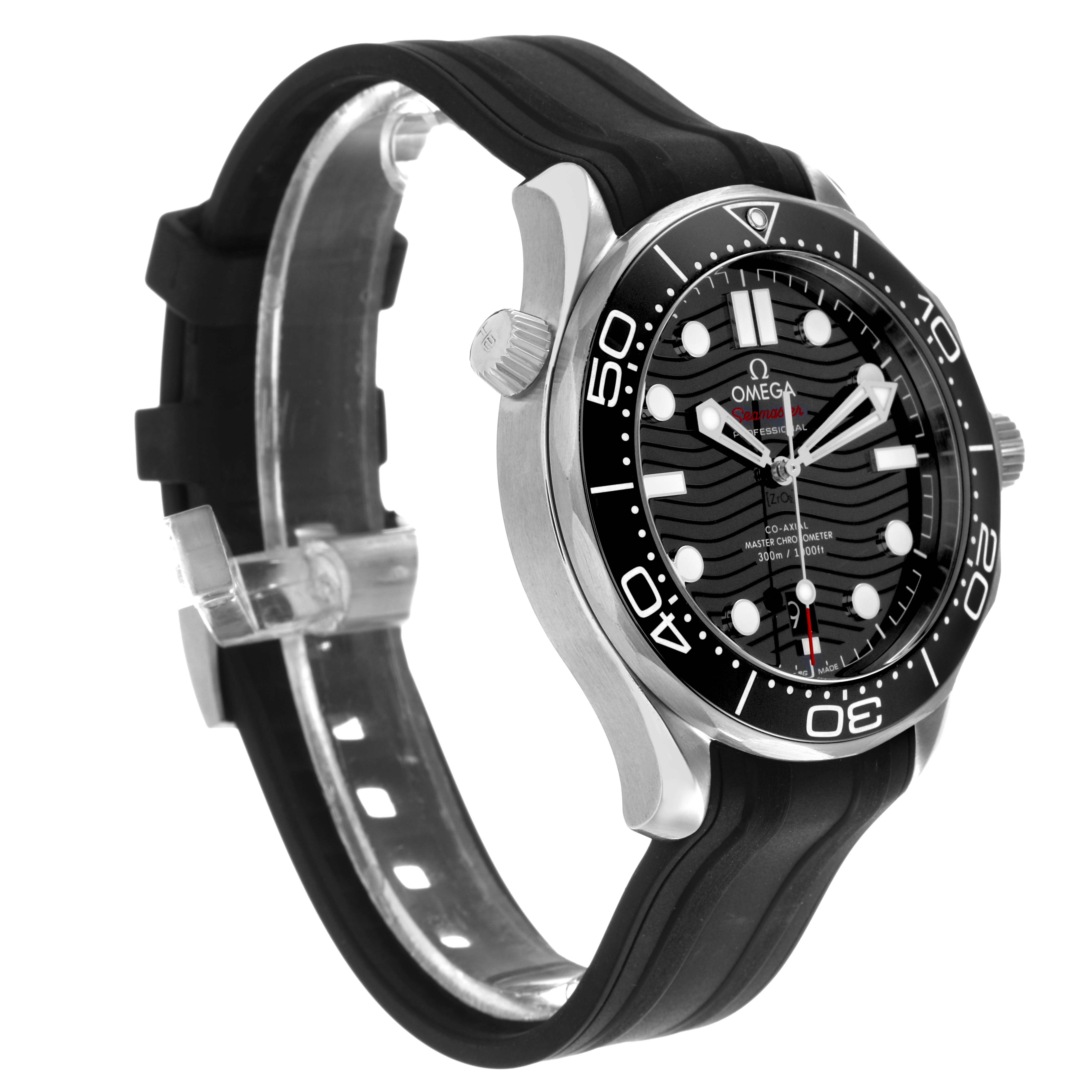 The Omega Seamaster 210.32.42.20.01.001 Men's Stainless Steel Black Dial watch is shown at a three-quarter angle, highlighting the bezel, crown, dial, and rubber strap.