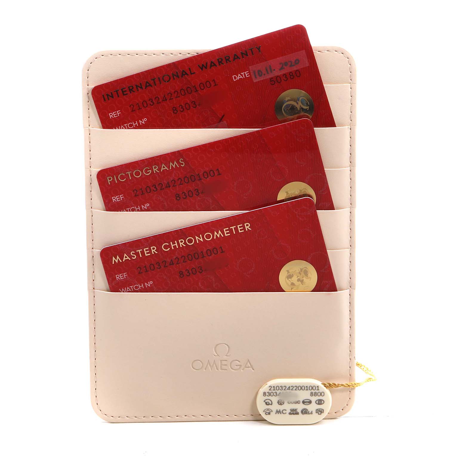 This image shows Omega Seamaster 210.32.42.20.01.001 Men's Stainless Steel Black Dial model accessories, including warranty, pictogram, and chronometer cards in a cardholder.